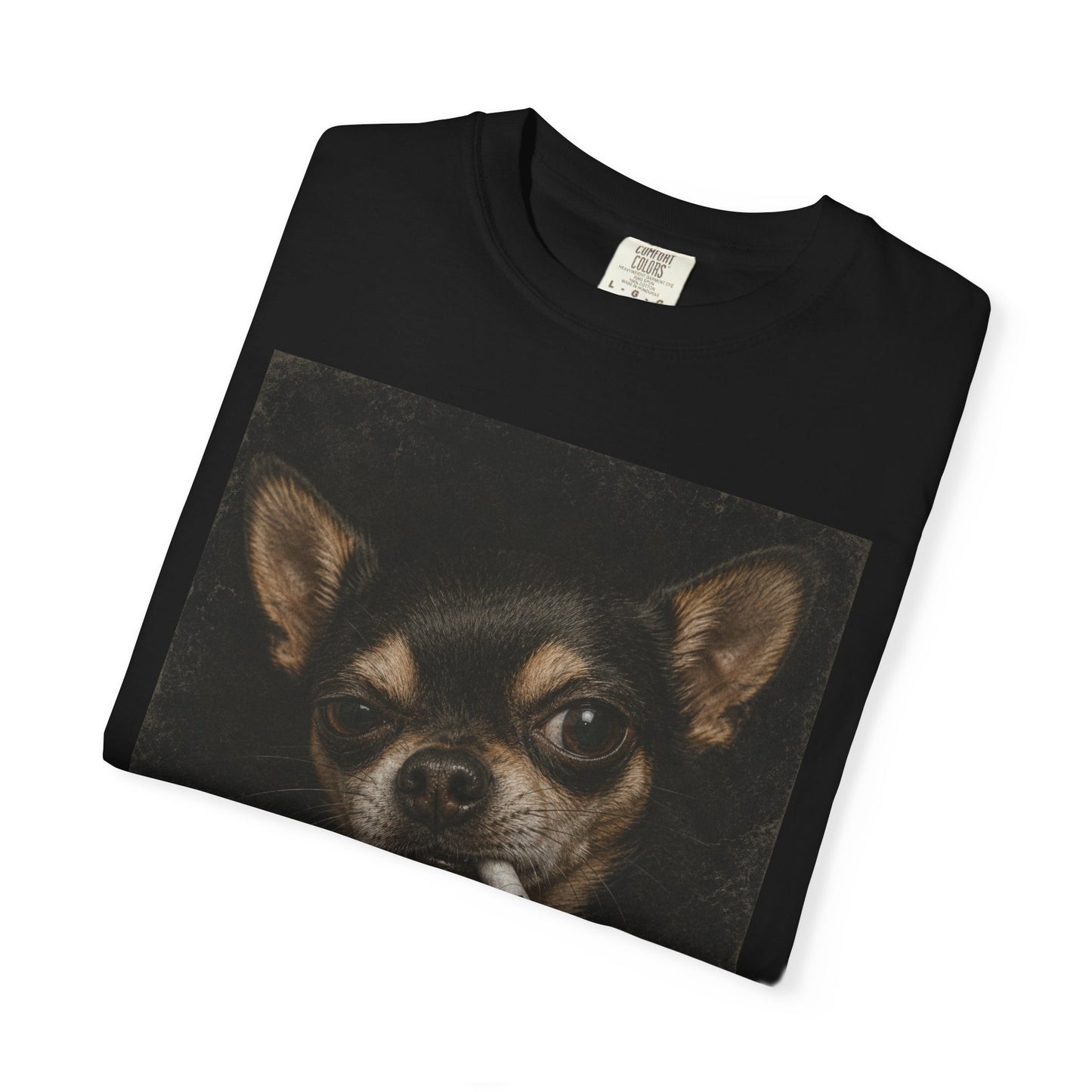 Tough Side-Eye Chihuahua T-Shirt — Distressed Photo Realistic ’Paws Cause Cancer’ Design