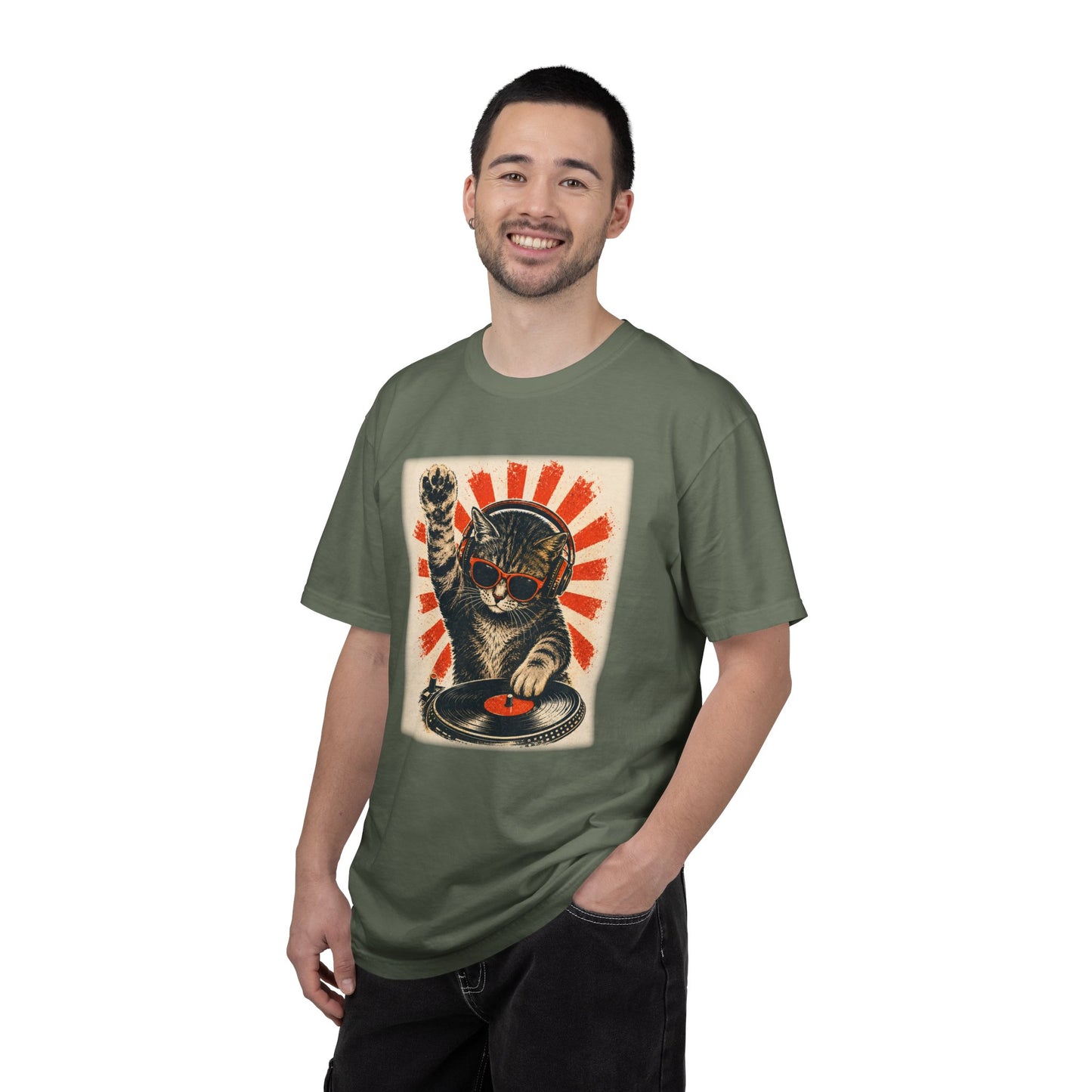 Retro DJ Cat T-Shirt — Vintage Sunburst Distressed Poster Design