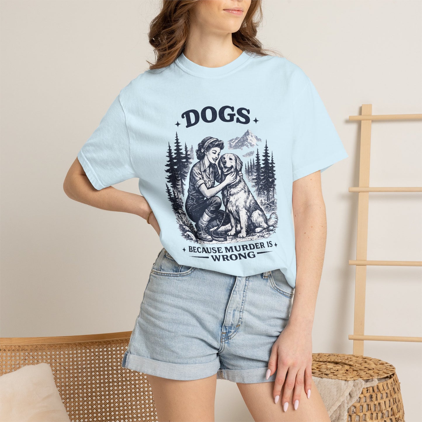 Vintage 1950s Woman & Dog T‑Shirt — “DOGS. BECAUSE MURDER IS WRONG”