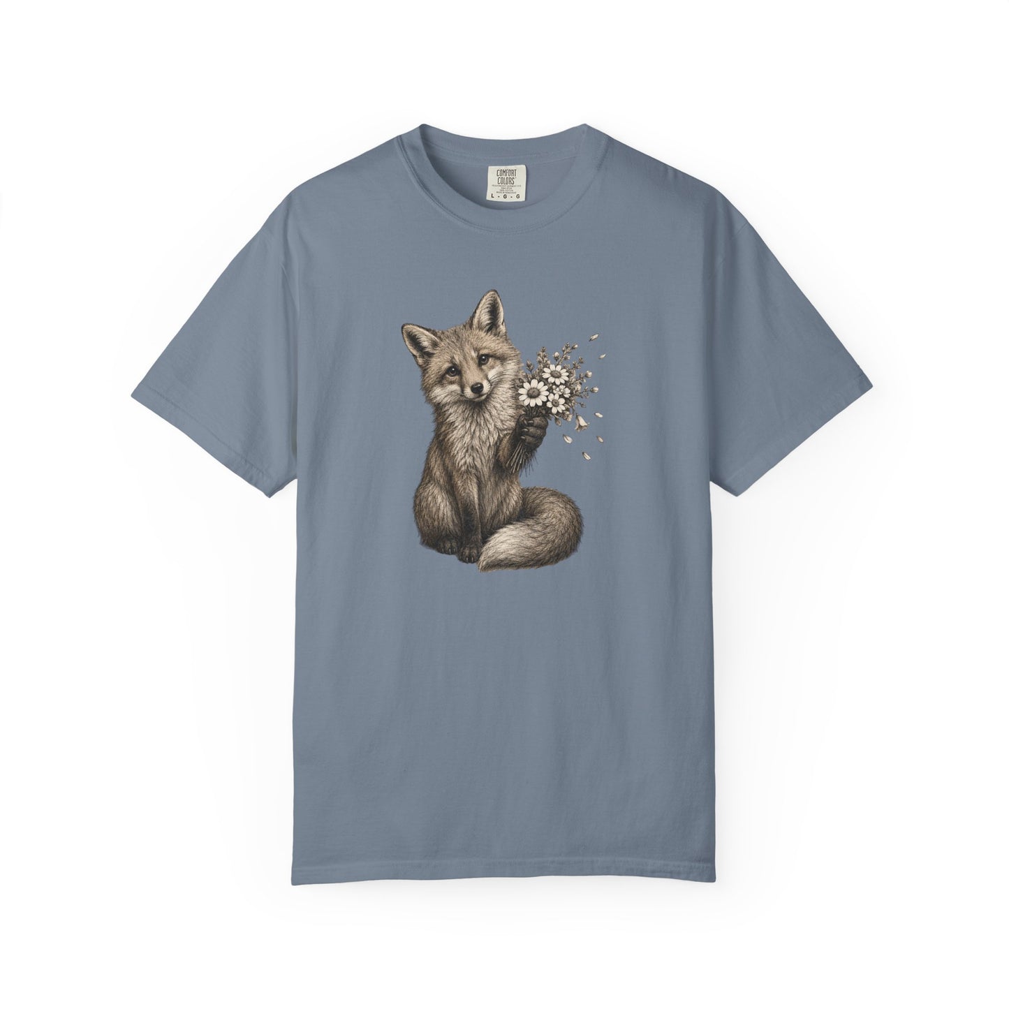 Cute Fox Holding Wildflower Bouquet T-Shirt — Gift, Nature Lover Tee, Woodland Animal Graphic Tee