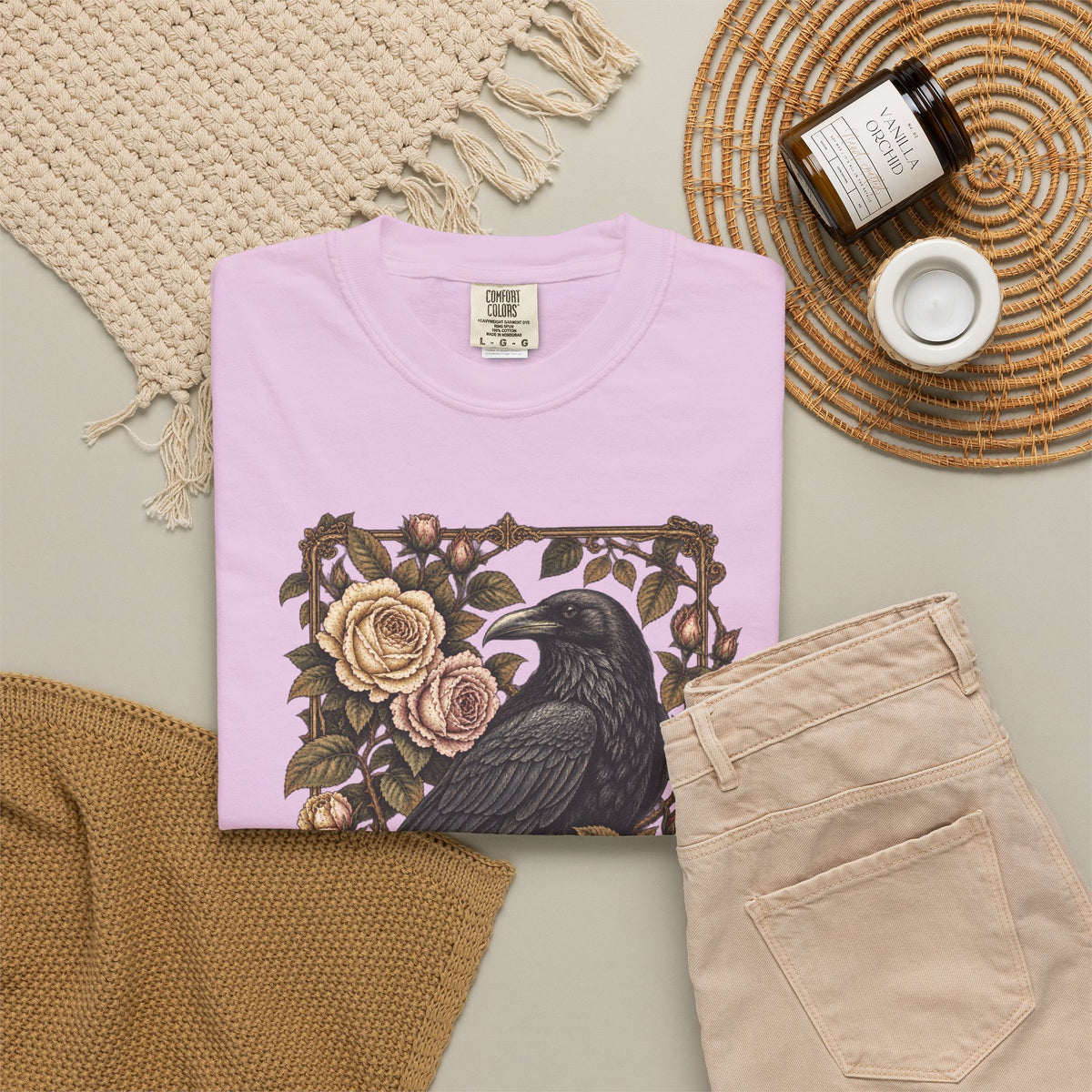 Raven & Roses Graphic T‑Shirt — Gothic Floral Botanical Vintage Tee