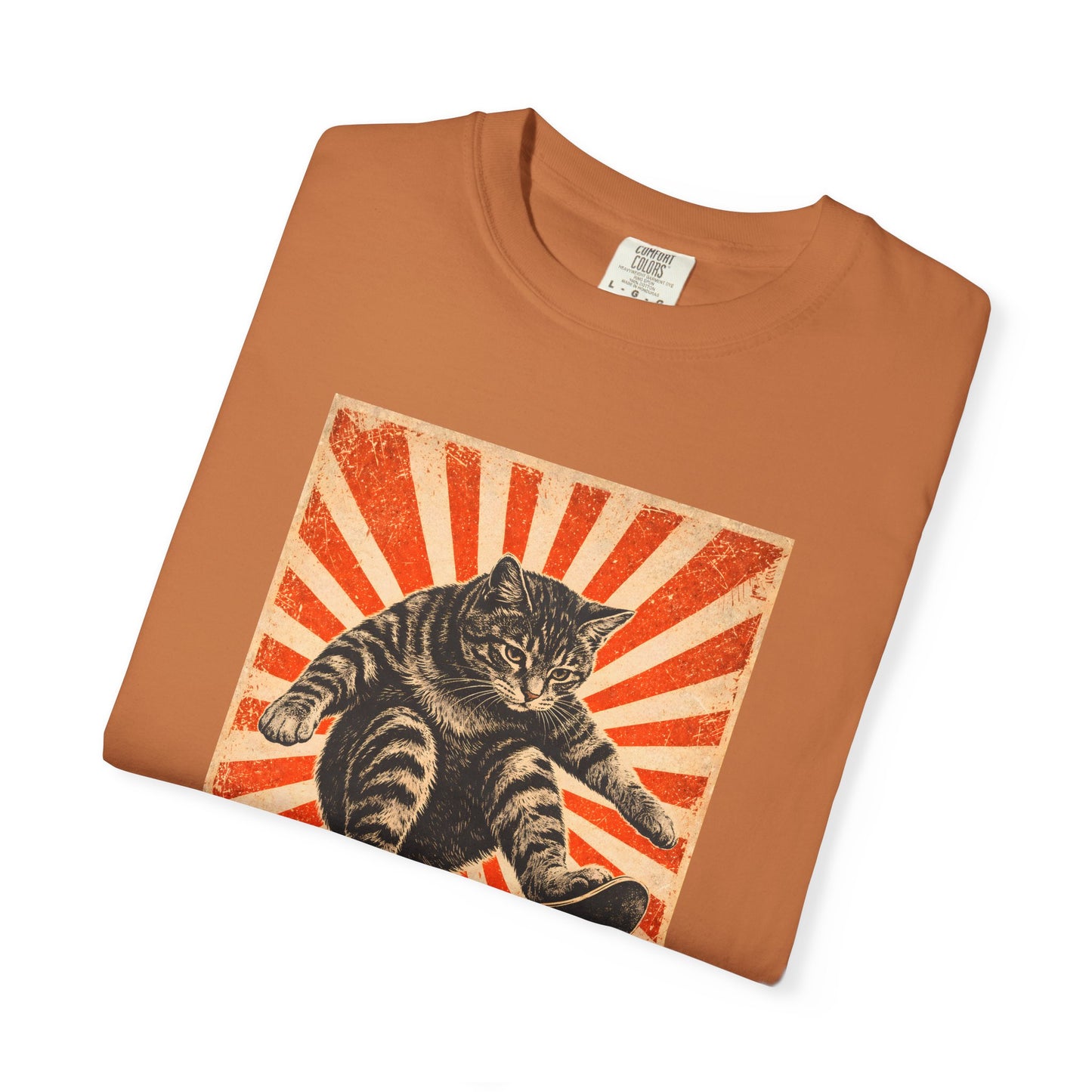 Skateboarding Cat Graphic T-Shirt | Retro Sunburst Skateboard Tee