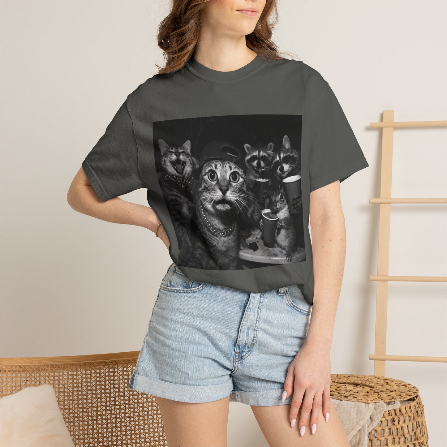 Backyard Wildlife Party T-Shirt — Funny Raccoon, Cat & Squirrel Caught in the Act
