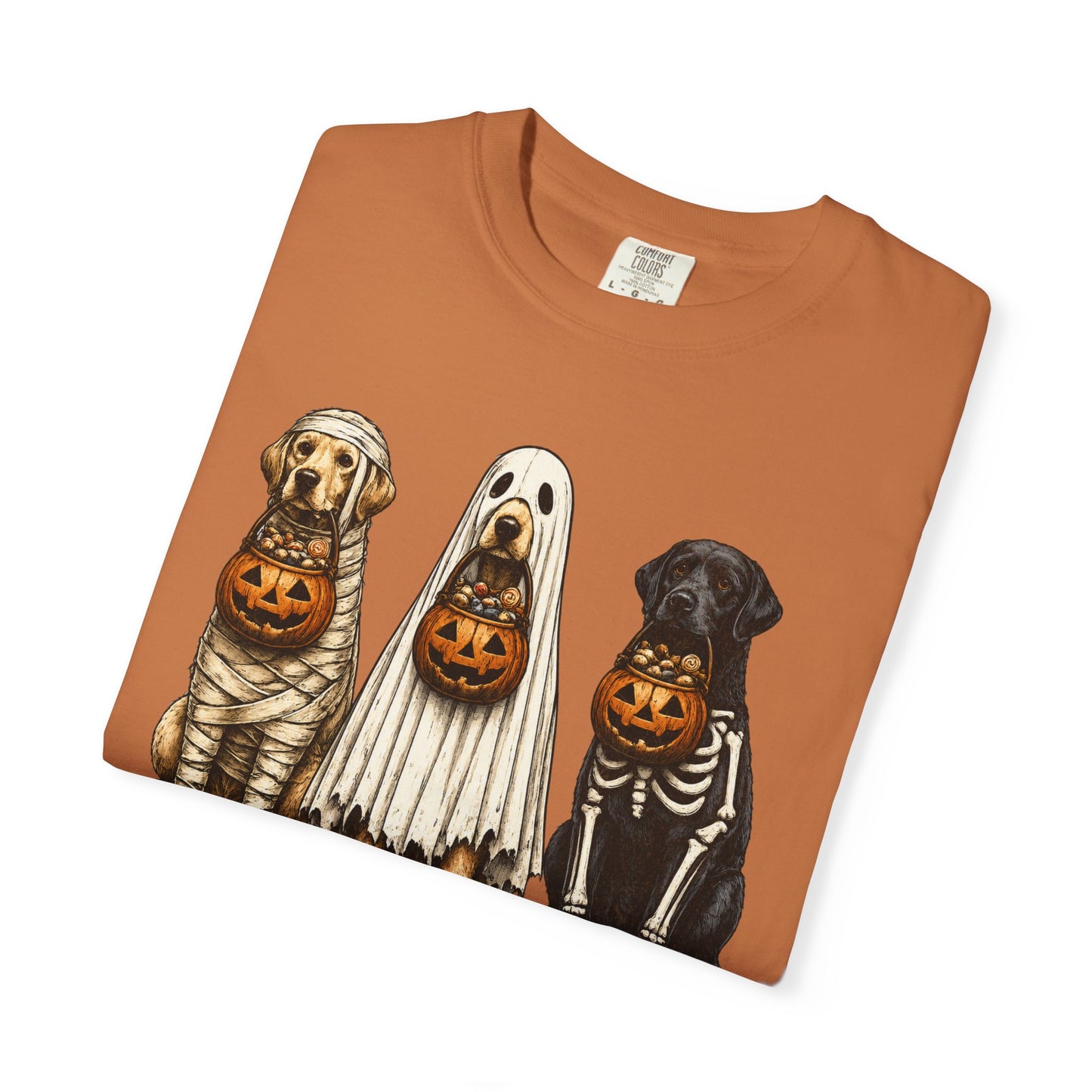 Halloween Dogs T-Shirt — Puppies in Costumes with Jack-O'-Lantern Candy Buckets