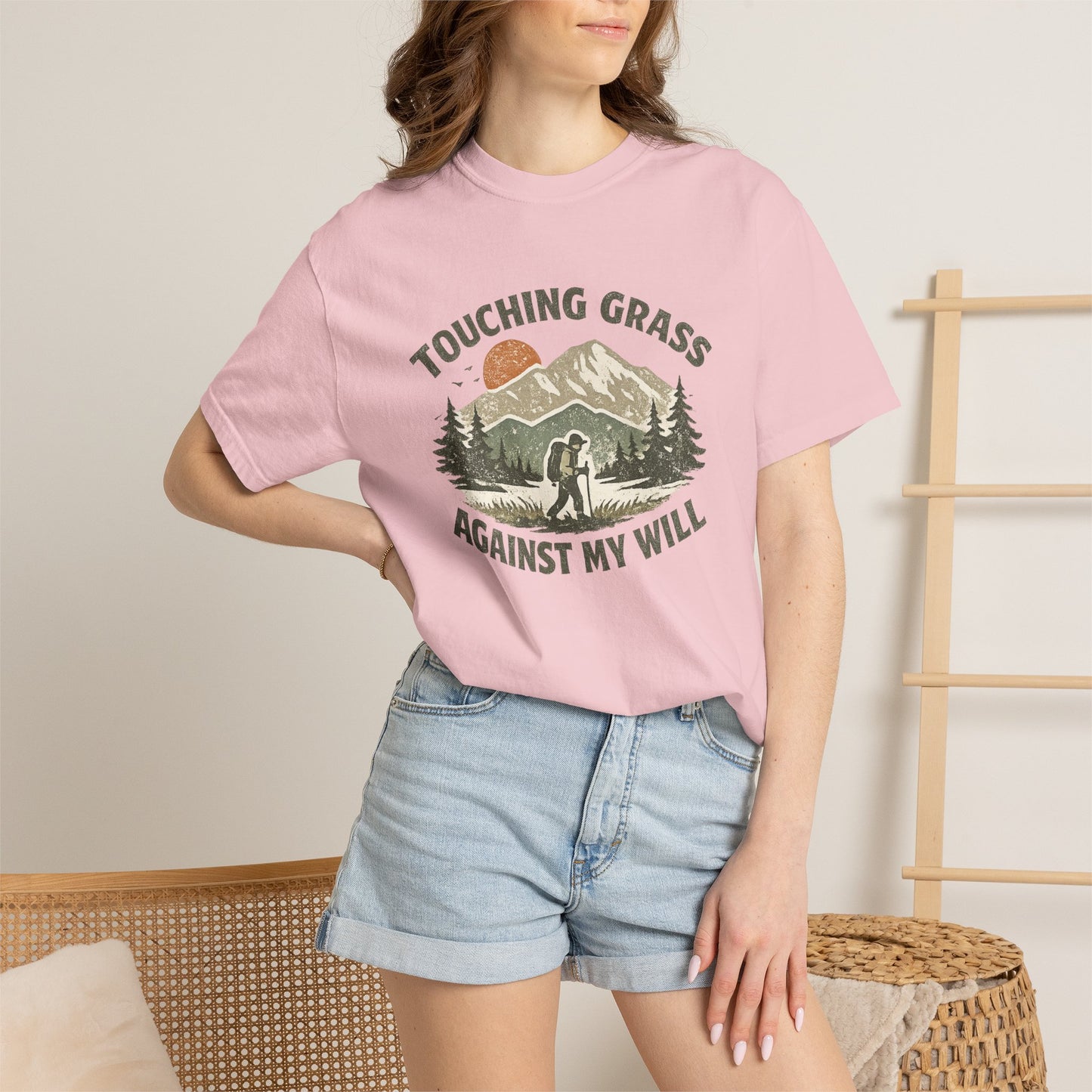 Touching Grass Against My Will Hiking T-Shirt — Anti-Hustle, Reluctant Camper Tee