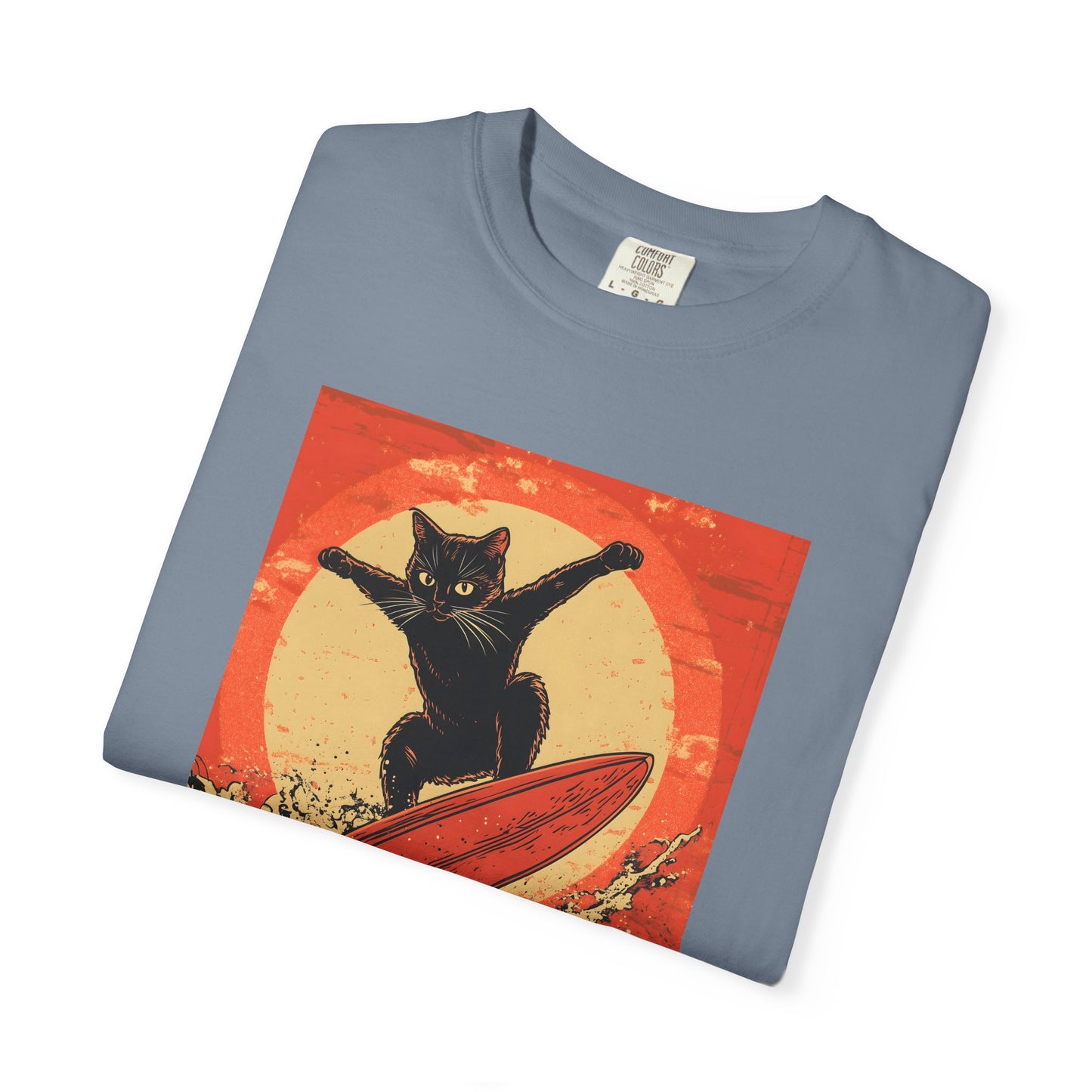 Retro Black Cat Surfing T-Shirt — Vintage Surf Poster Tee