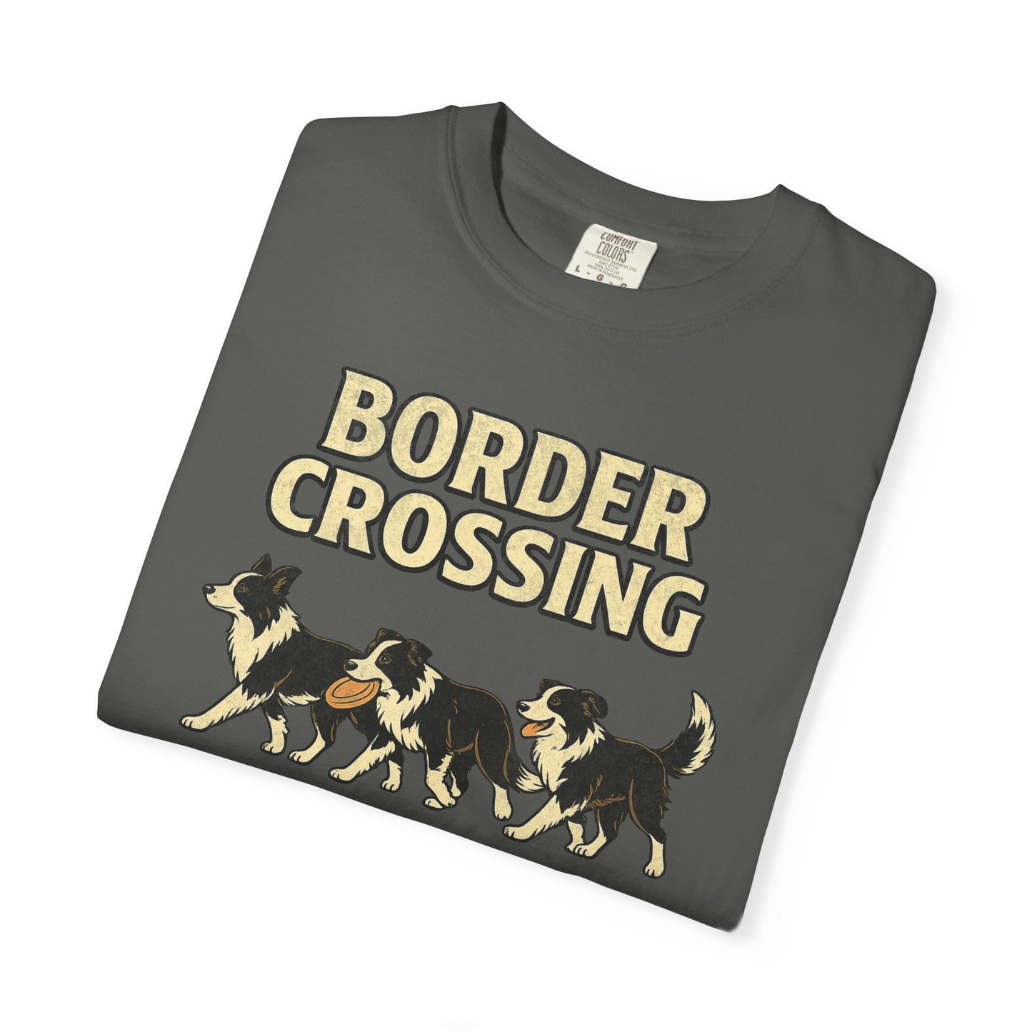 Vintage Graphic Border Collie 'Border Crossing' T-Shirt, Funny Gift for Border Collie and Dog Lovers