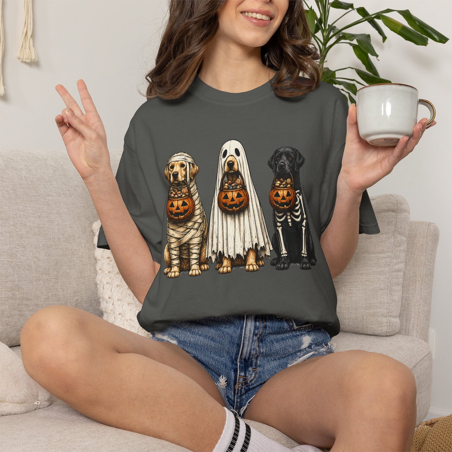 Halloween Dogs T-Shirt — Puppies in Costumes with Jack-O'-Lantern Candy Buckets