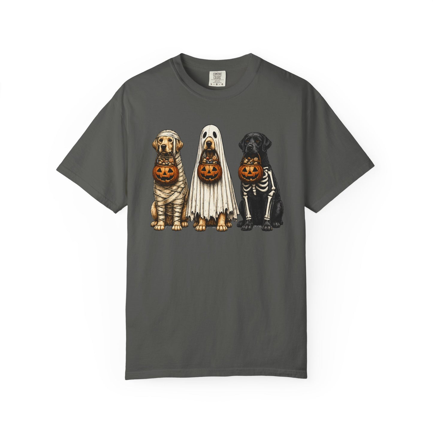 Halloween Dogs T-Shirt — Puppies in Costumes with Jack-O'-Lantern Candy Buckets