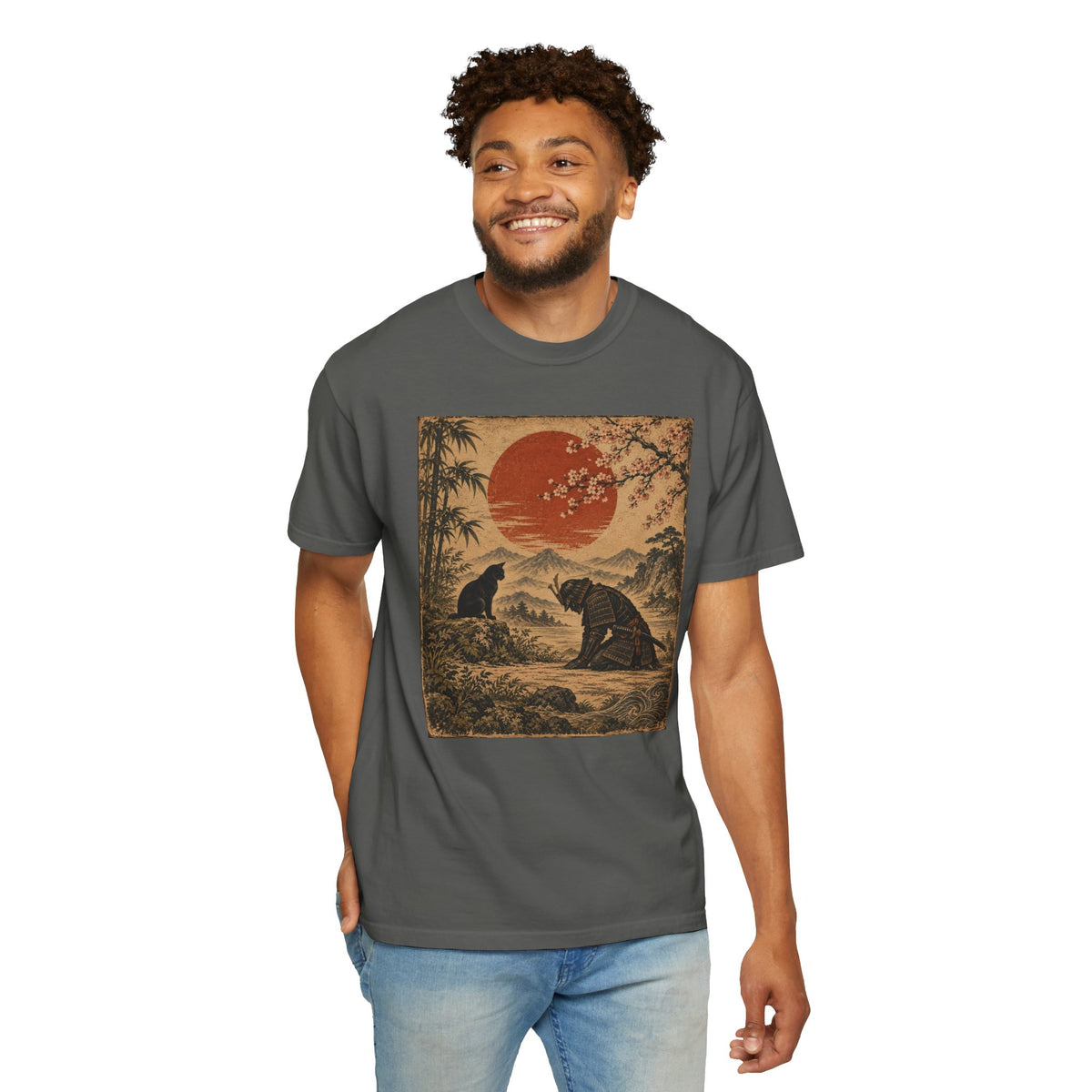 Vintage Japanese-Inspired Samurai & Black Cat Shirt Graphic Tee