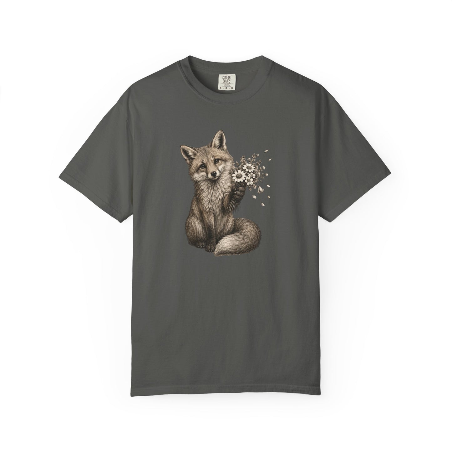 Cute Fox Holding Wildflower Bouquet T-Shirt — Gift, Nature Lover Tee, Woodland Animal Graphic Tee