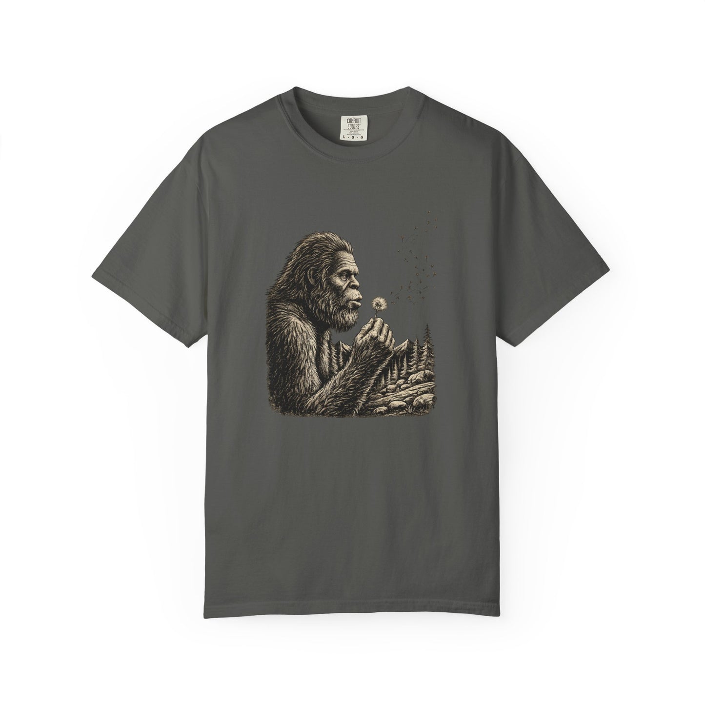 Bigfoot Blowing Dandelion Wish T-Shirt — Sasquatch Hiking Camper Tee