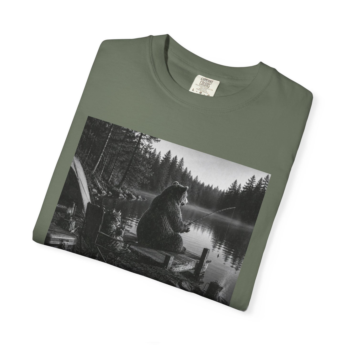 Campground Bear & Cat Fishing T-Shirt — Daytime Camping Scene, 'Coffee & Catch'