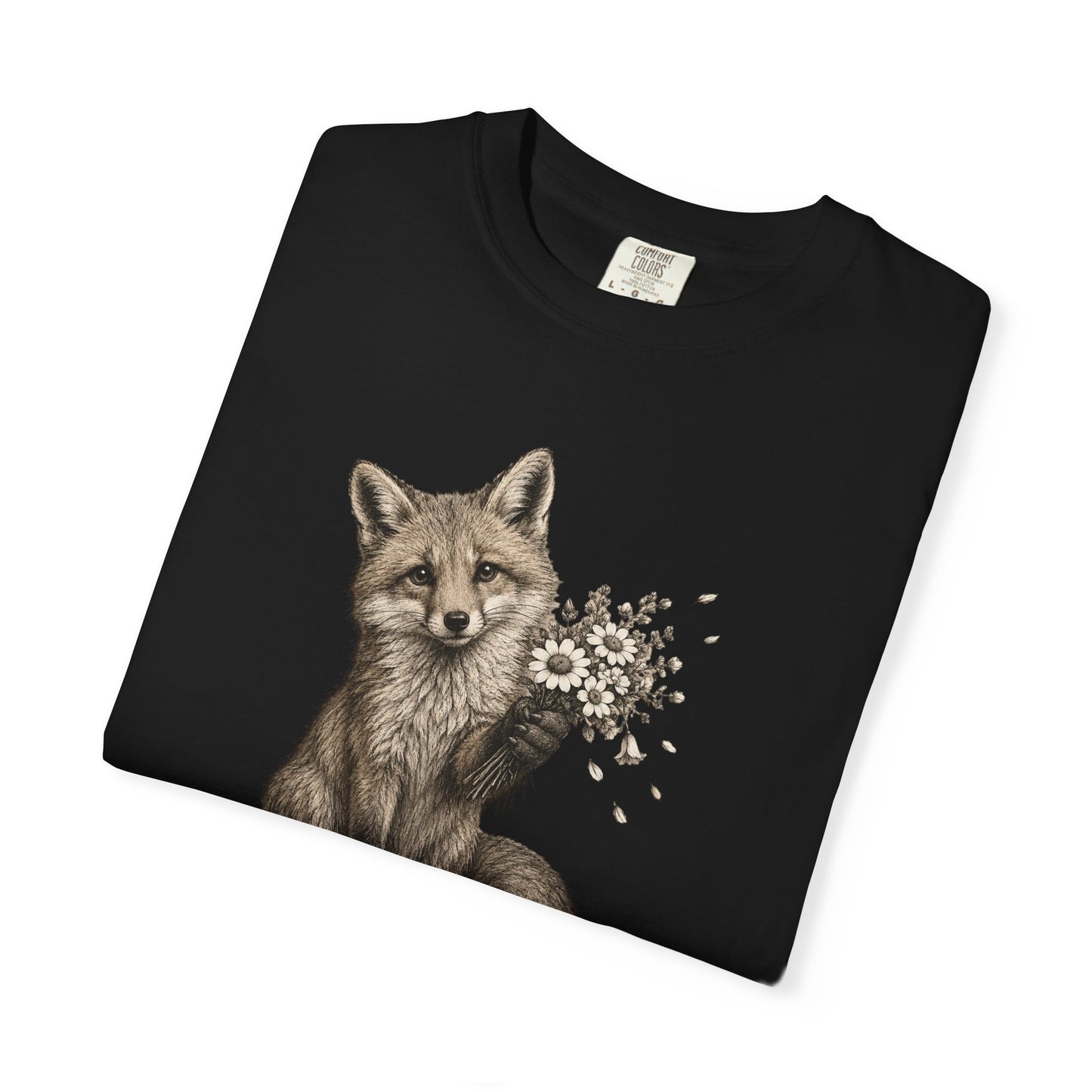 Cute Fox Holding Wildflower Bouquet T-Shirt — Gift, Nature Lover Tee, Woodland Animal Graphic Tee