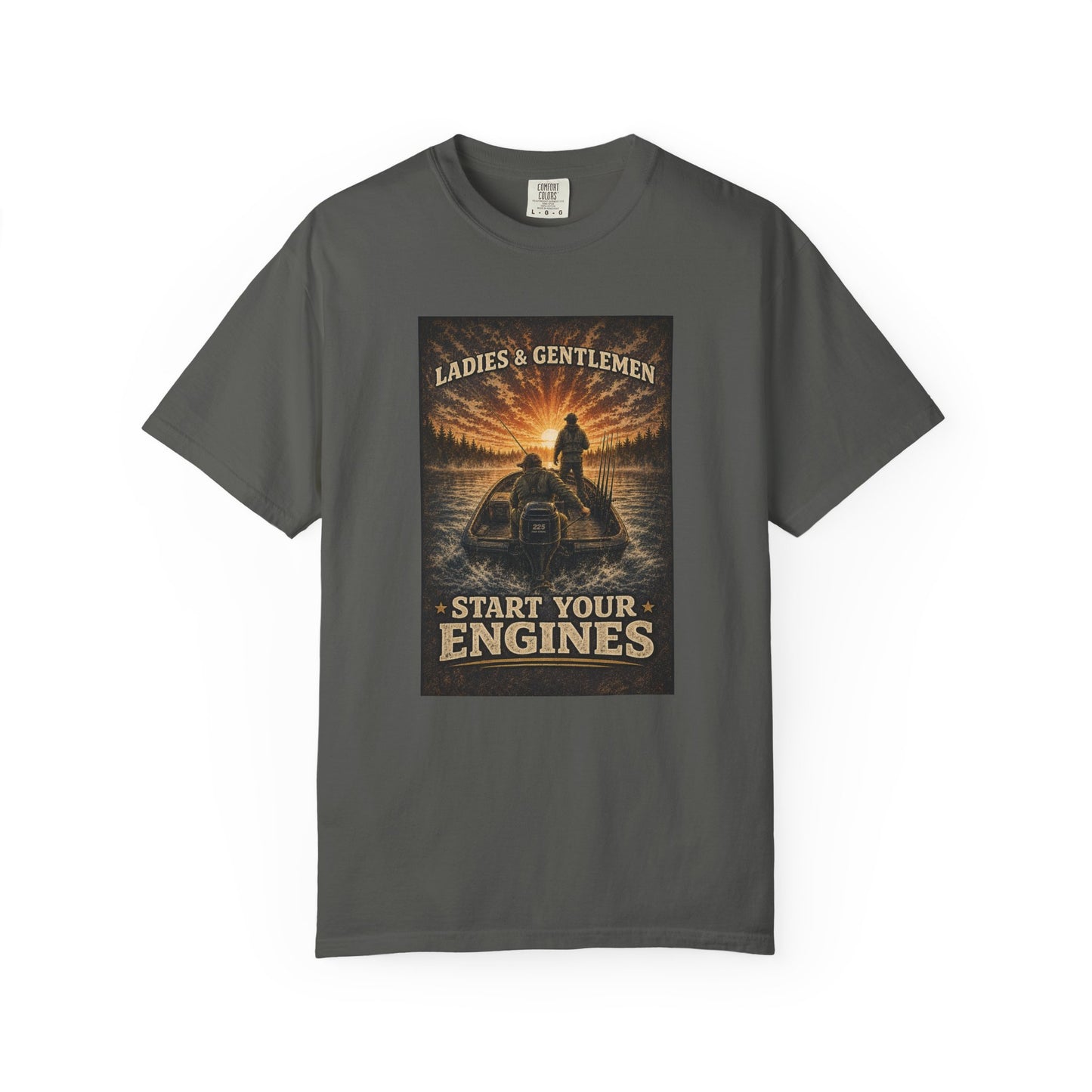Fishing T-Shirt — "Ladies and Gentlemen, Start Your Engines" Retro Racing Boat Design