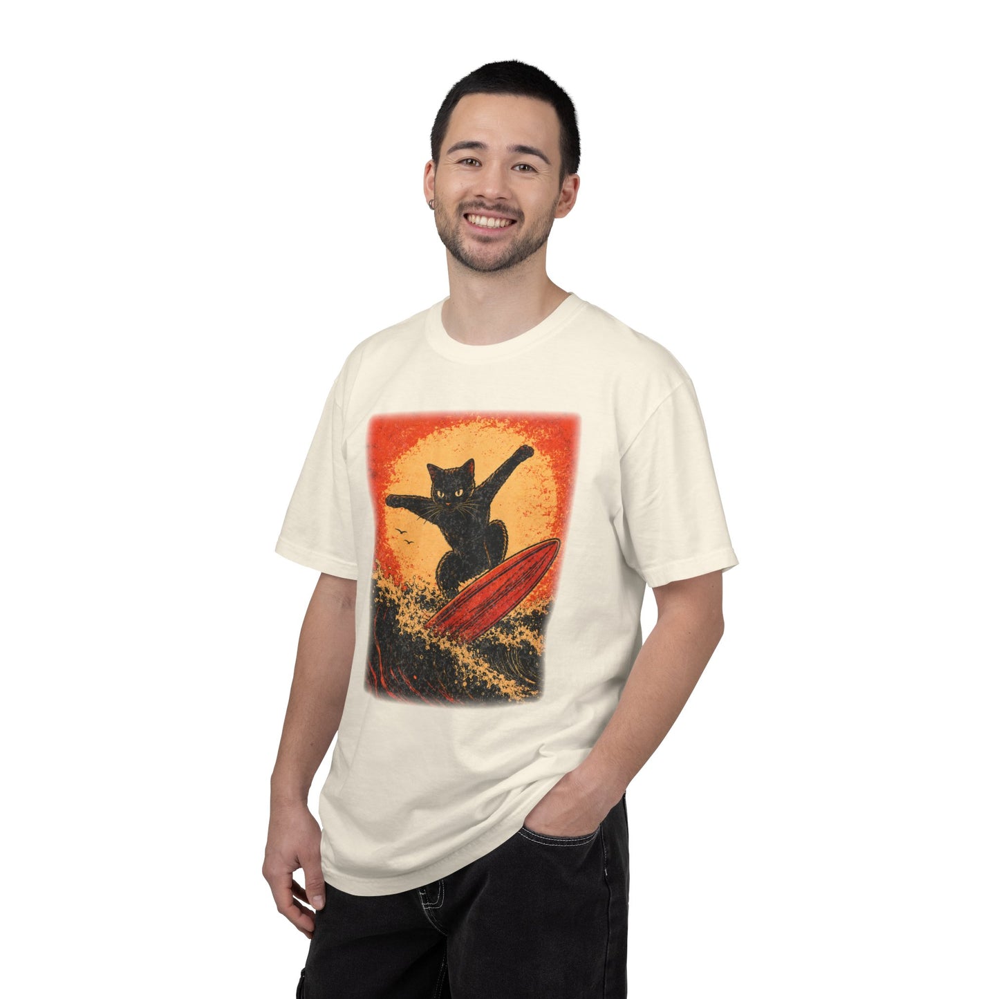 Retro Black Cat Surfing T-Shirt — Vintage Surf Poster Tee
