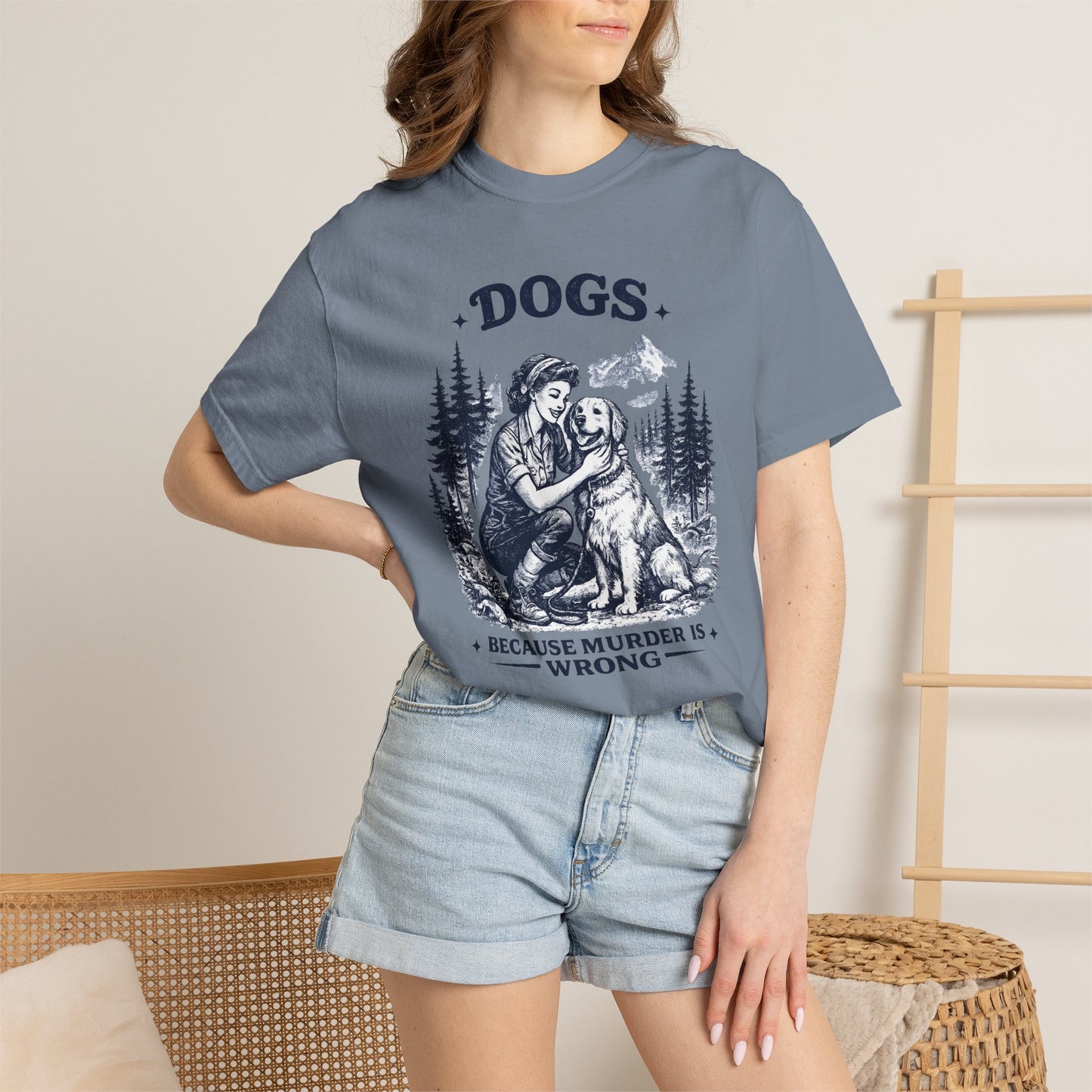 Vintage 1950s Woman & Dog T‑Shirt — “DOGS. BECAUSE MURDER IS WRONG”