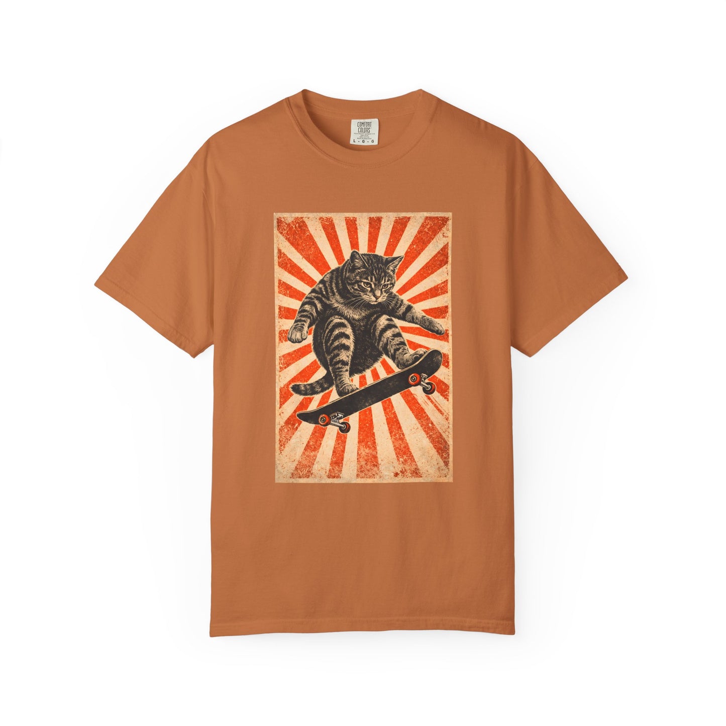 Skateboarding Cat Graphic T-Shirt | Retro Sunburst Skateboard Tee