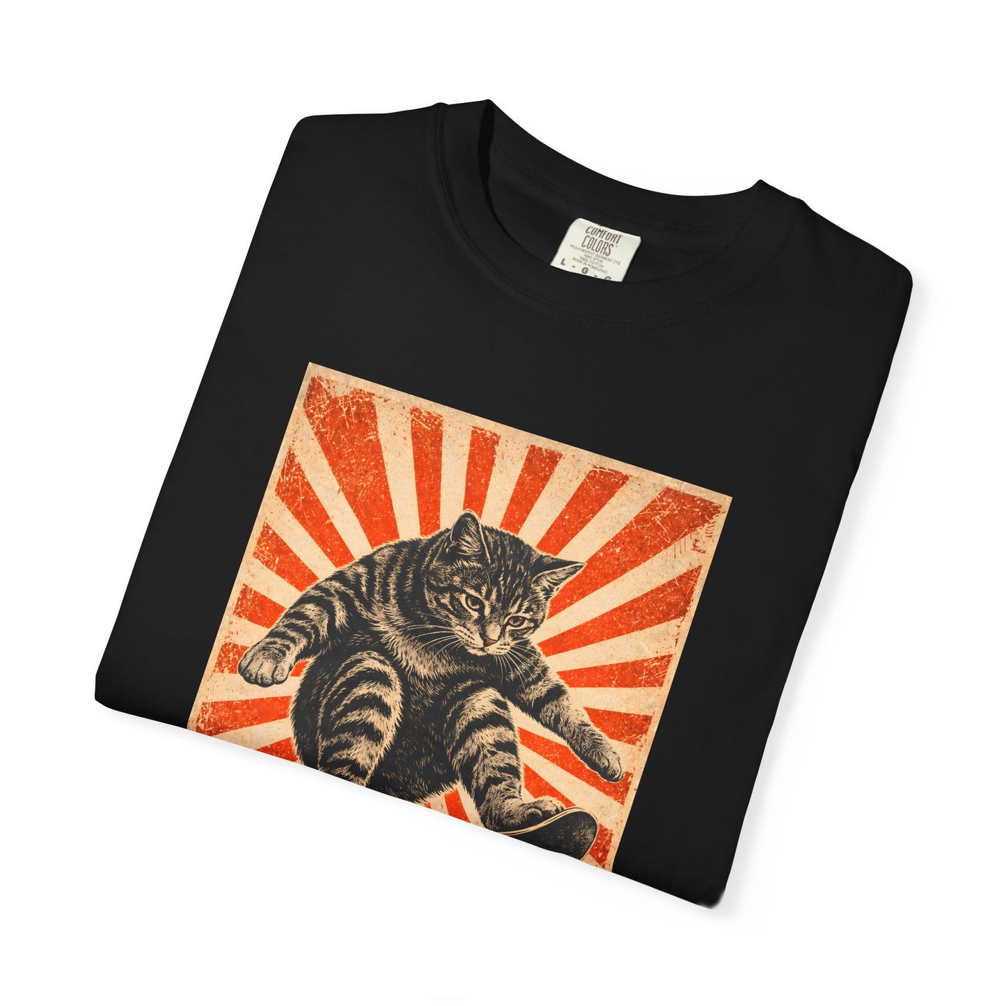 Skateboarding Cat Graphic T-Shirt | Retro Sunburst Skateboard Tee
