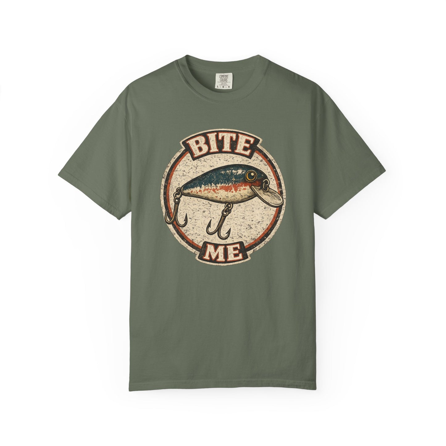 Vintage "Bite Me" Fishing Lure Badge T-Shirt