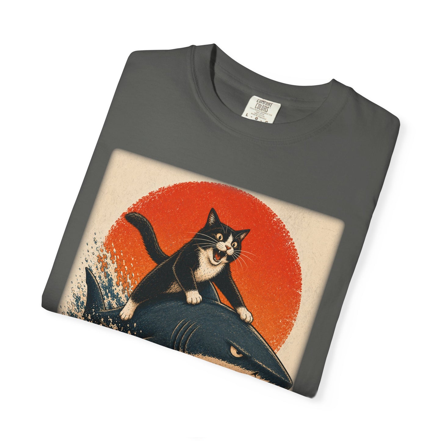 Retro Distressed Cat Riding Shark T-Shirt — Vintage Joyful Cat Surf Design