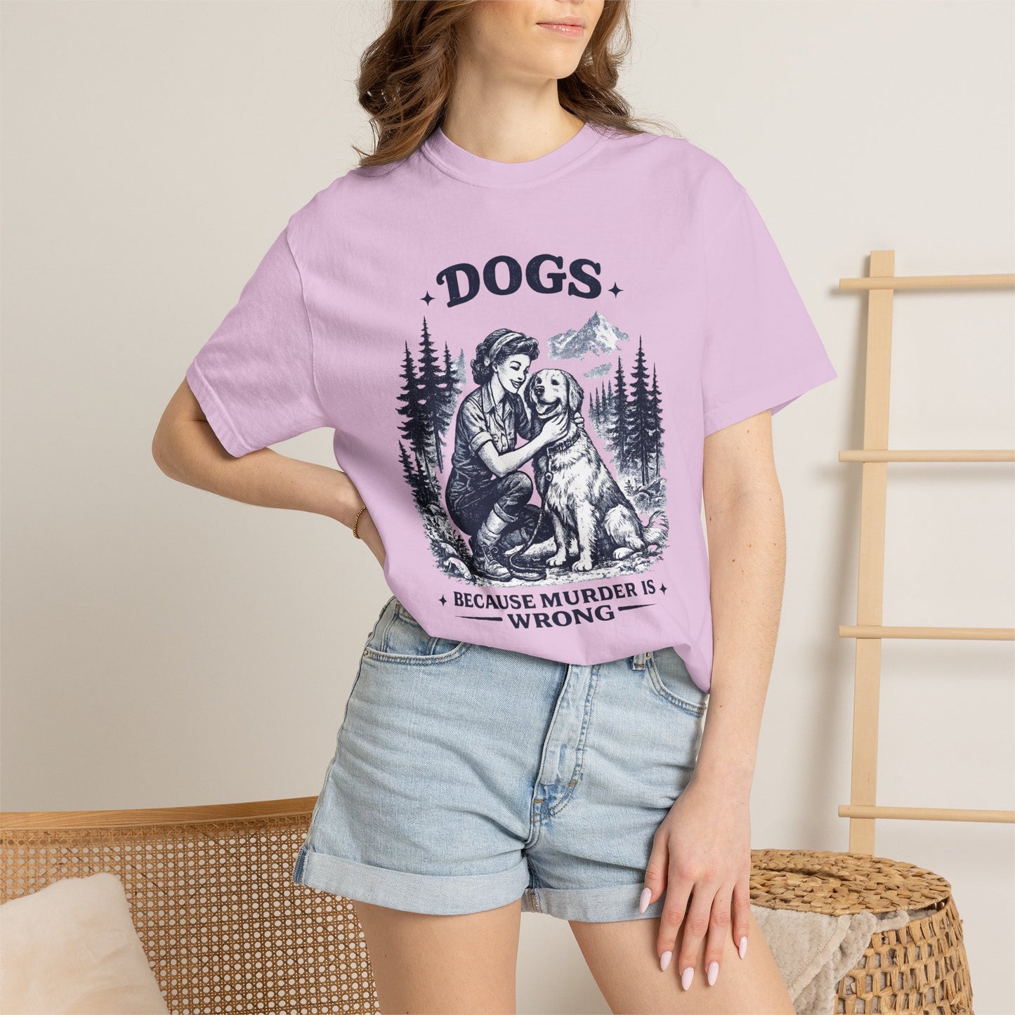 Vintage 1950s Woman & Dog T‑Shirt — “DOGS. BECAUSE MURDER IS WRONG”