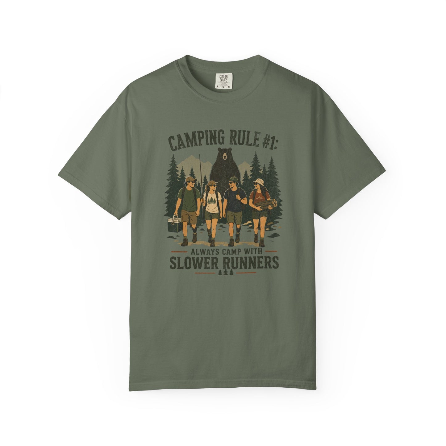 Camping Rule T-Shirt — “Always Camp with Slower Runners” Vintage Outdoor Tee