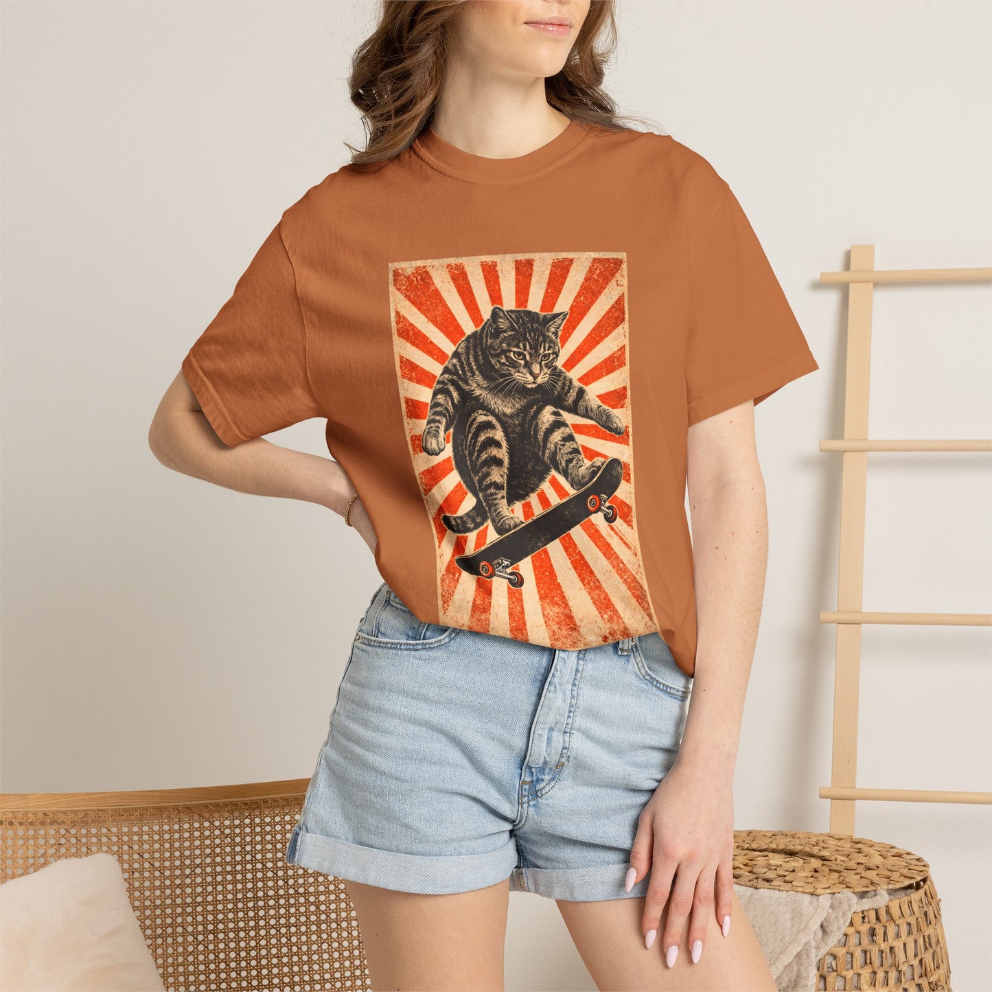 Skateboarding Cat Graphic T-Shirt | Retro Sunburst Skateboard Tee
