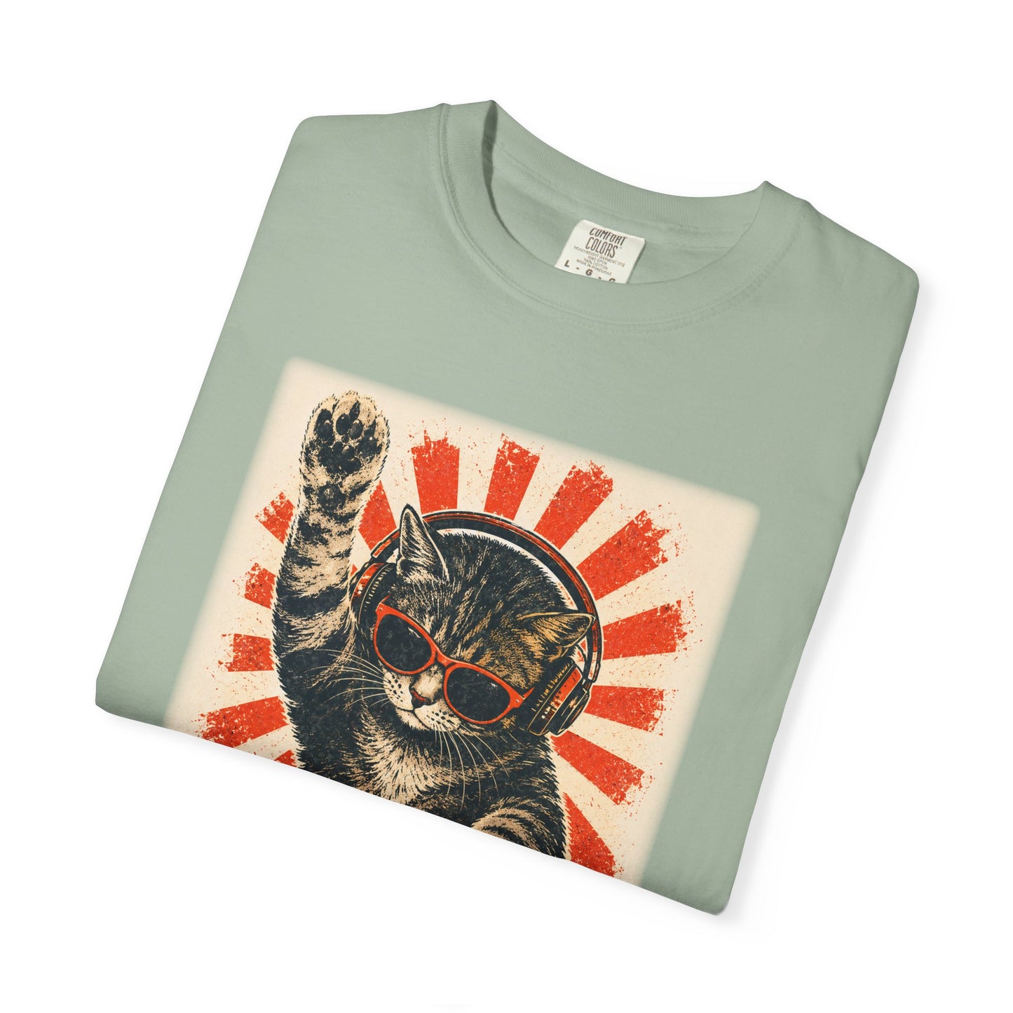 Retro DJ Cat T-Shirt — Vintage Sunburst Distressed Poster Design