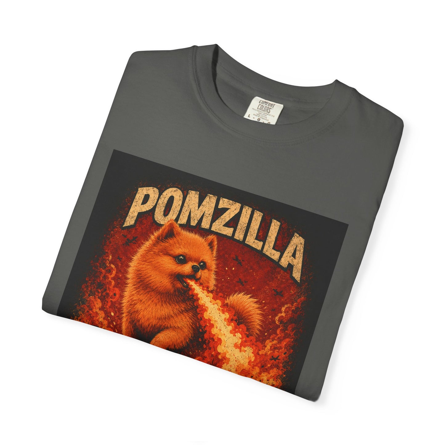 Pomzilla Funny Pomeranian Monster T-Shirt | Retro Kaiju Dog Graphic Tee | Vintage Fire-Breathing Pom Shirt