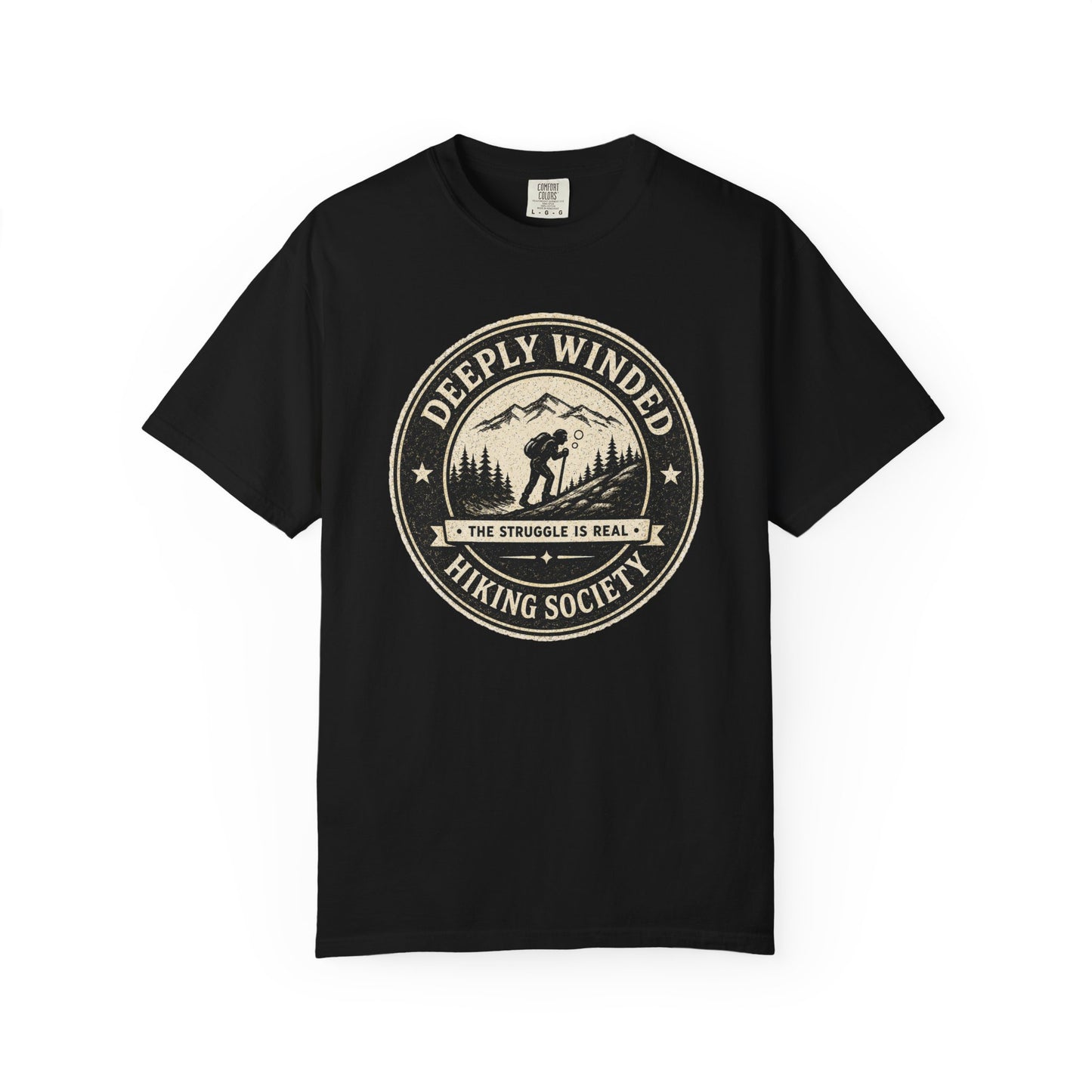 Deeply Winded Hiking Society T-Shirt — Playful Hiker Badge Design
