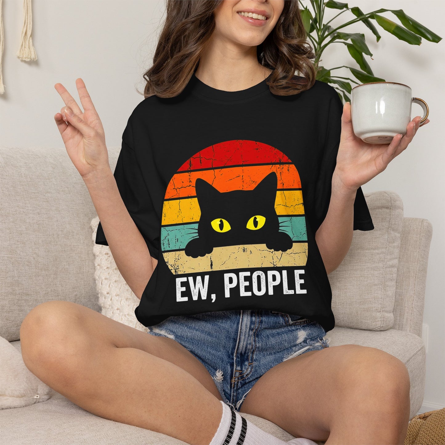 Ew, People Cat T-Shirt — Retro Sunset Graphic for Introverts & Cat Lovers