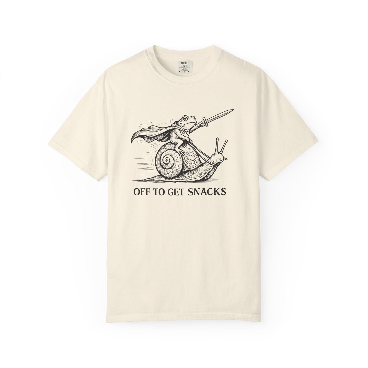 Frog Knight Riding Snail T-Shirt — "OFF TO GET SNACKS"