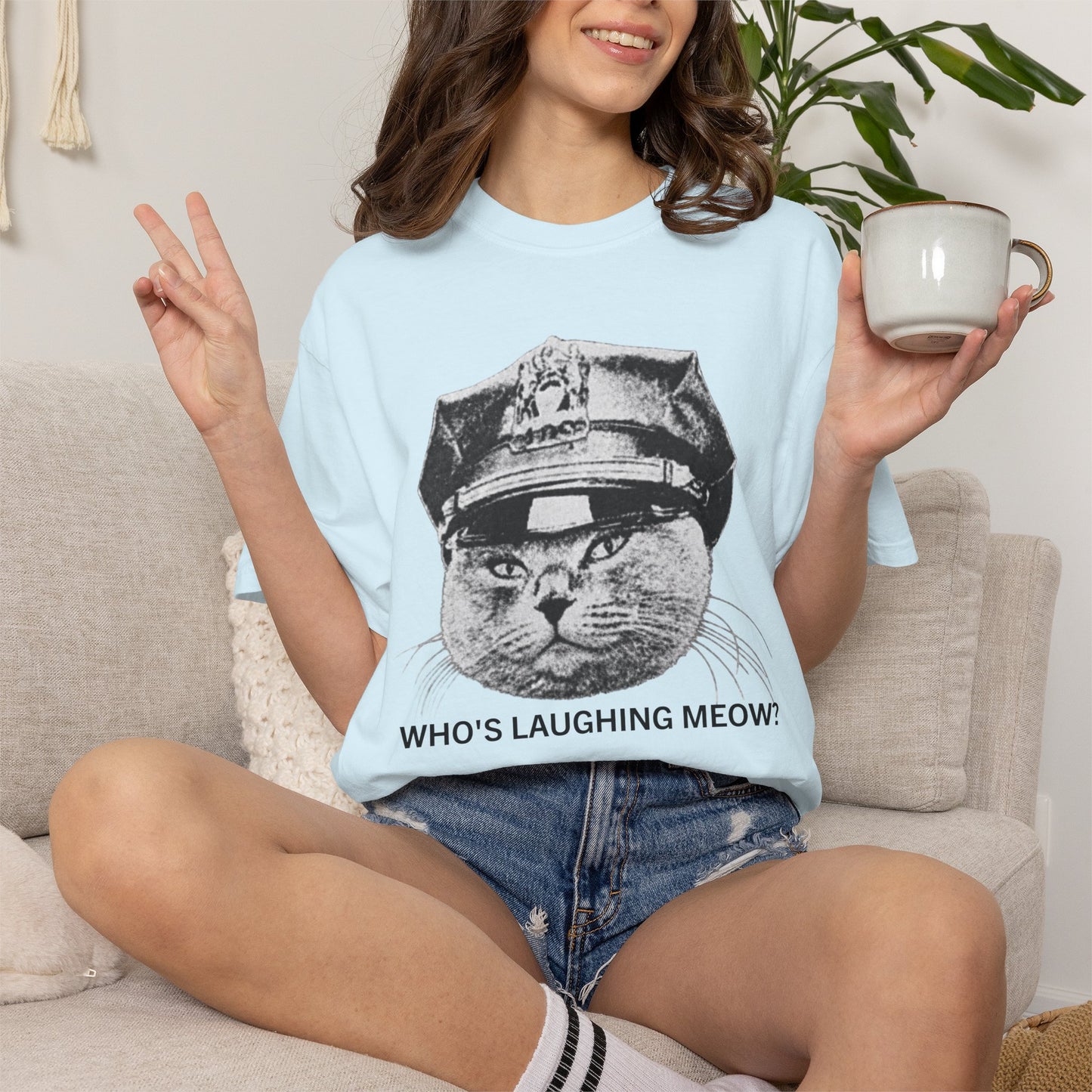 Who's Laughing Meow? Funny Cat Police Shirt | Vintage Grumpy Cat Graphic Tee | Comfort Colors® T-Shirt