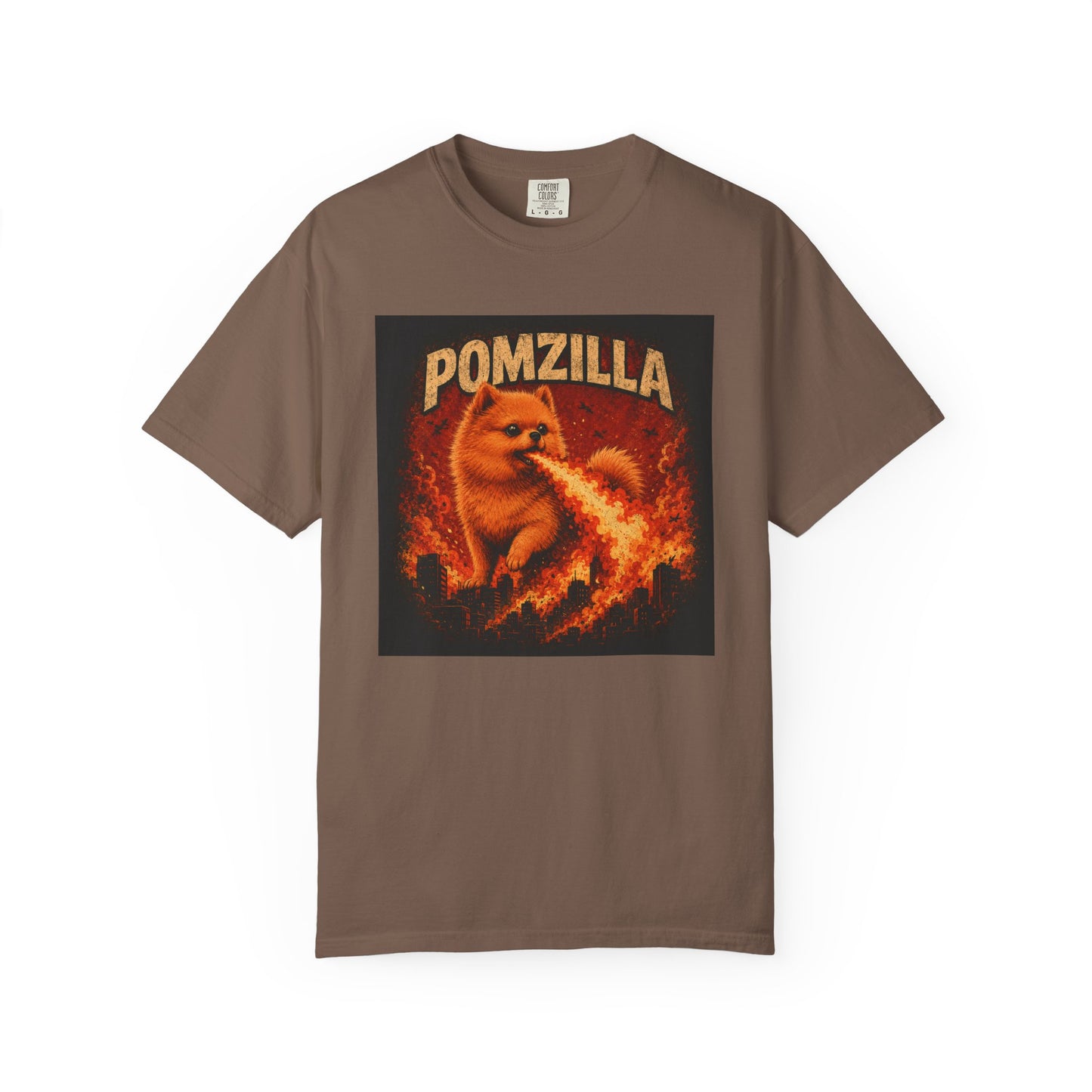 Pomzilla Funny Pomeranian Monster T-Shirt | Retro Kaiju Dog Graphic Tee | Vintage Fire-Breathing Pom Shirt