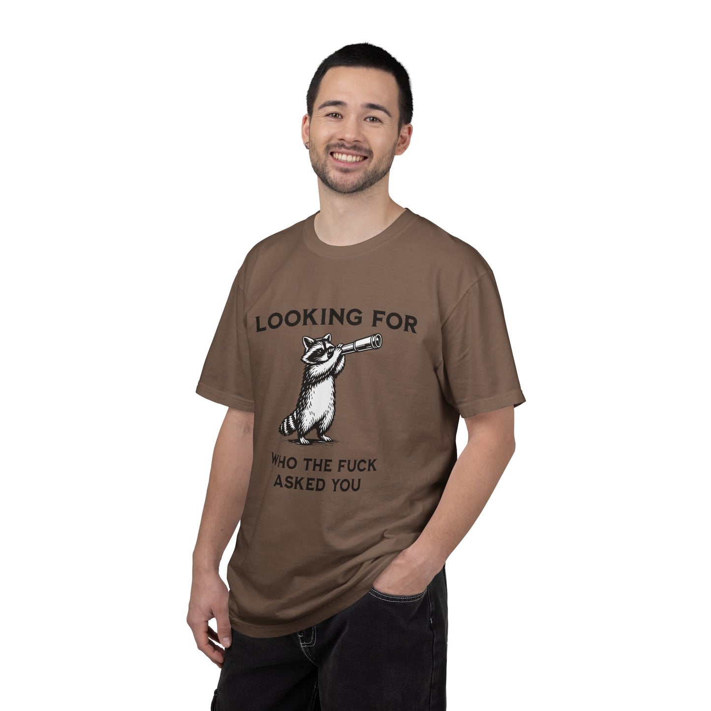 Raccoon Telescope T-Shirt — "Looking for Who the F*** Asked You" Funny Graphic Tee