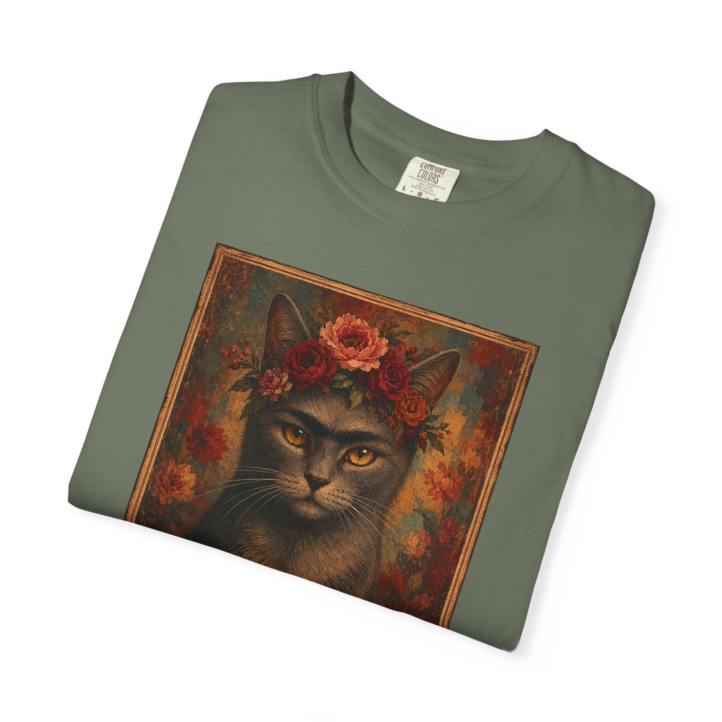 Frida Catlo Art Parody T-Shirt — Funny Frida Kahlo Cat with Flower Crown