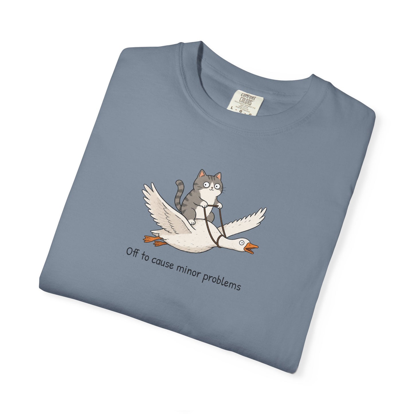 Off to Cause Minor Problems Shirt | Funny Cat Riding Goose Graphic Tee | Cute Comfort Colors® T-Shirt