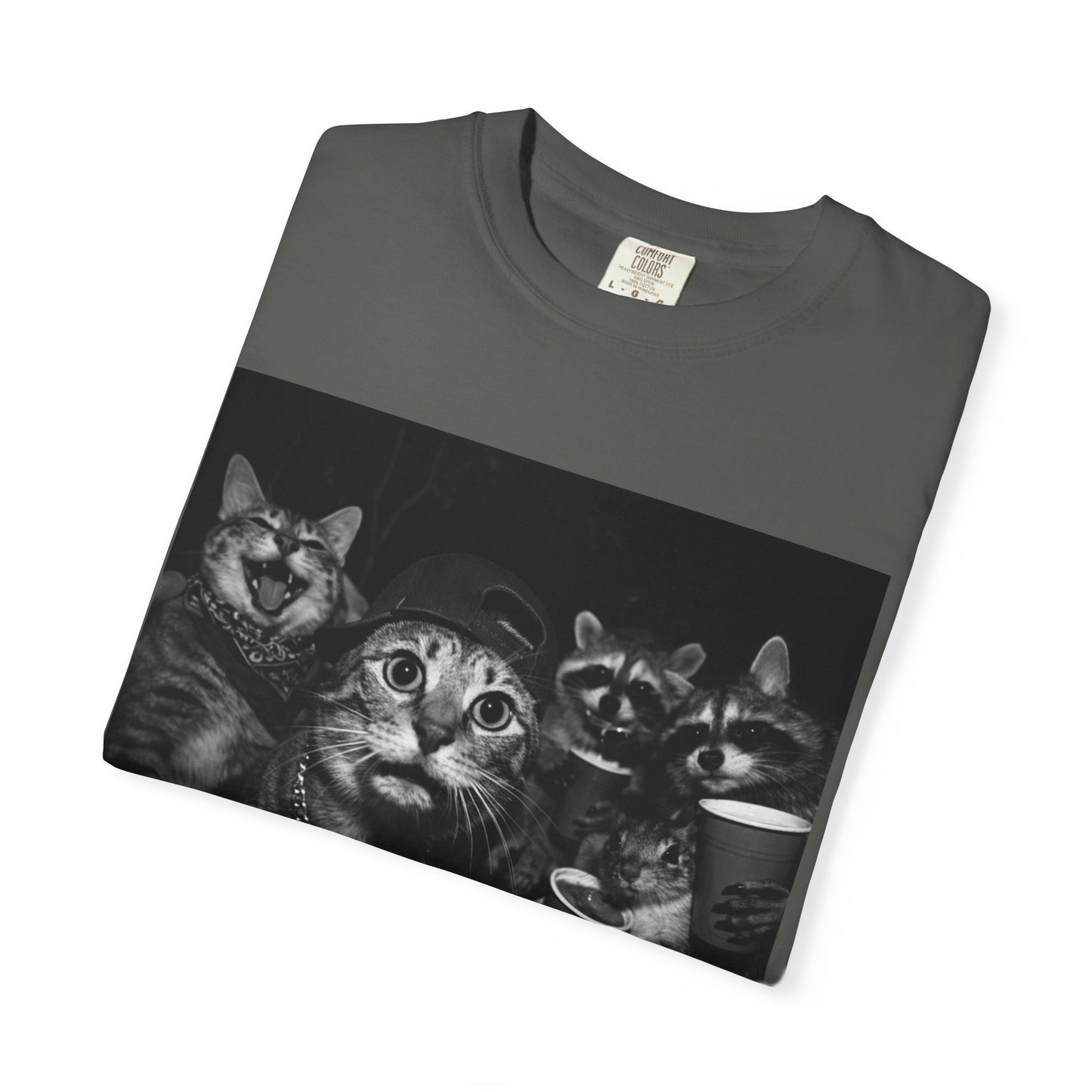 Backyard Wildlife Party T-Shirt — Funny Raccoon, Cat & Squirrel Caught in the Act