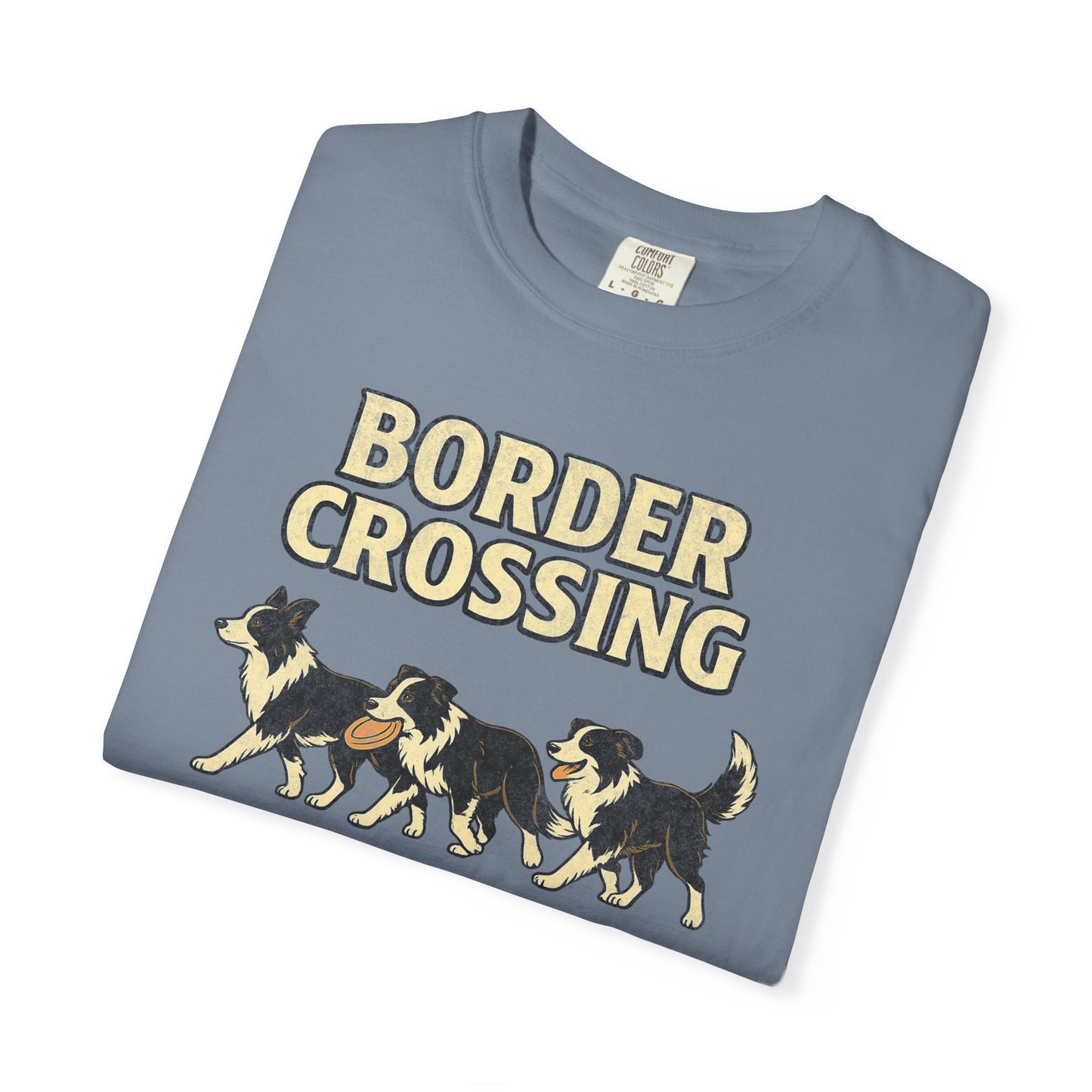 Vintage Graphic Border Collie 'Border Crossing' T-Shirt, Funny Gift for Border Collie and Dog Lovers