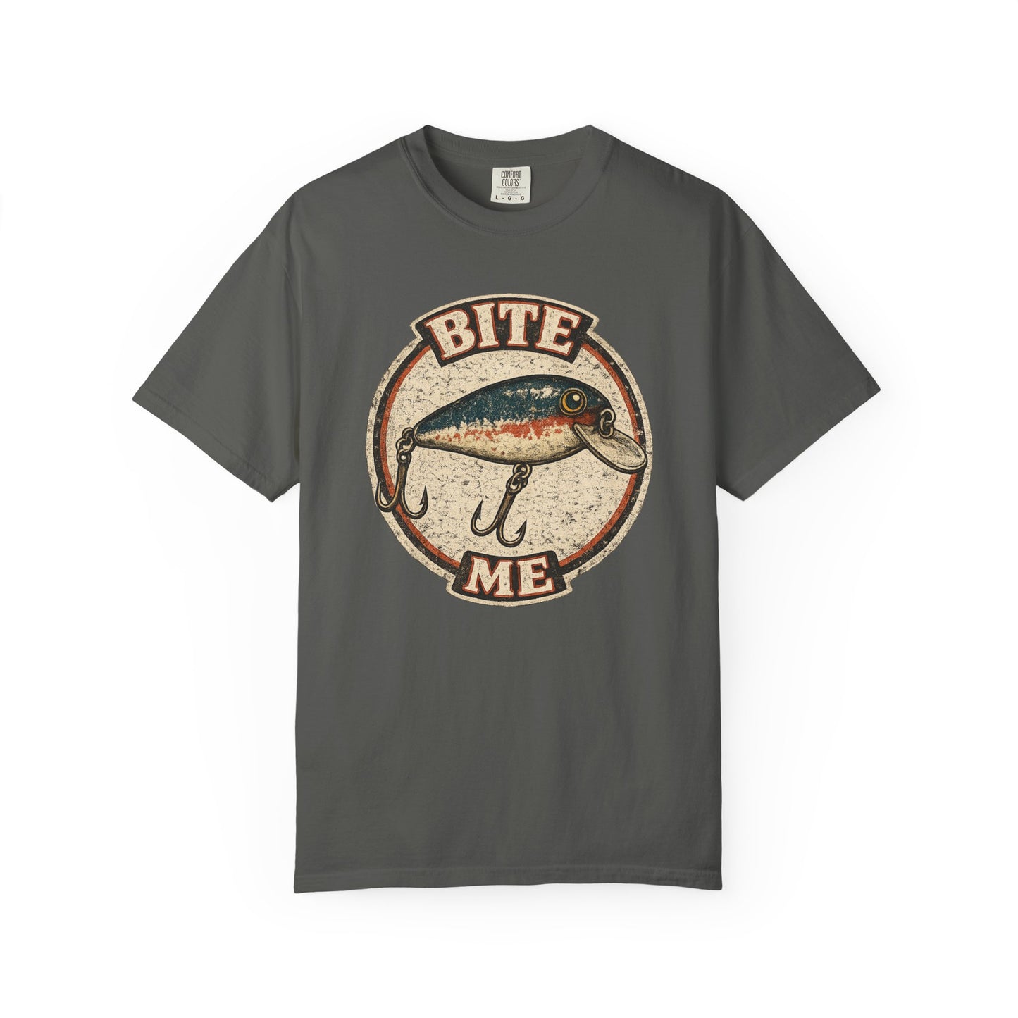 Vintage "Bite Me" Fishing Lure Badge T-Shirt