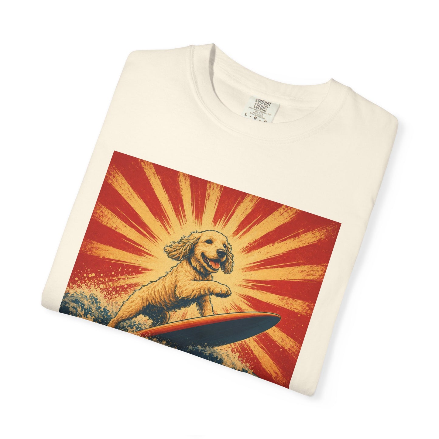 Retro Surfing Doodle Dog T-Shirt | Vintage Beach Dog Graphic Tee | Funny Coastal Summer Shirt