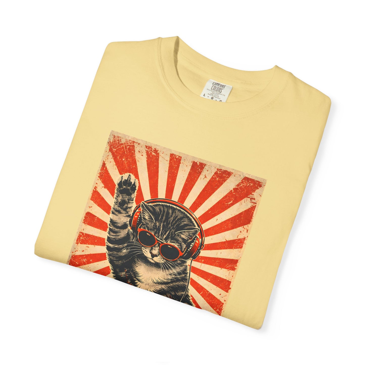 Retro DJ Cat T-Shirt — Vintage Sunburst Distressed Poster Design