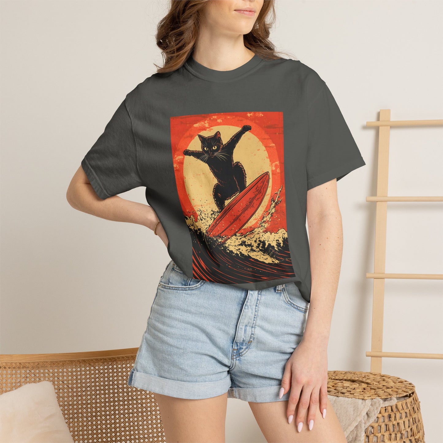 Retro Black Cat Surfing T-Shirt — Vintage Surf Poster Tee