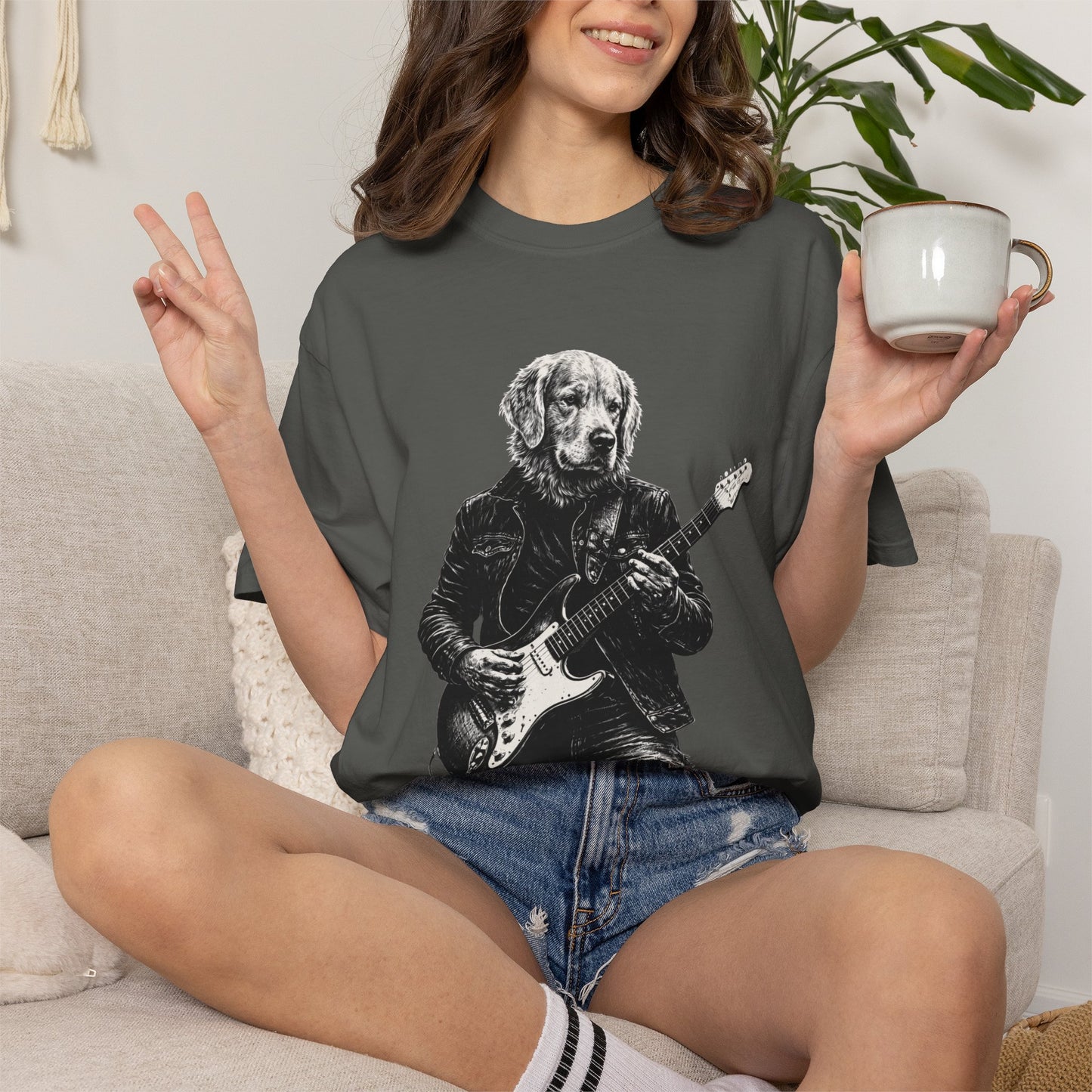 Golden Retriever Guitar Tee — Golden Playing Electric Guitar Design