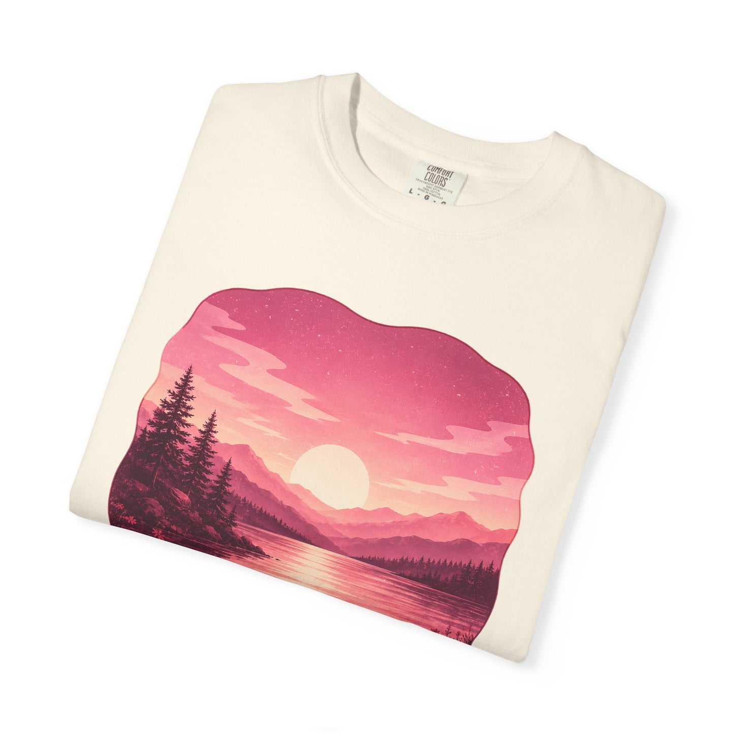 Feminine Lakescape Sunset T-shirt — Pink Outdoor Hiking & Camping Tee