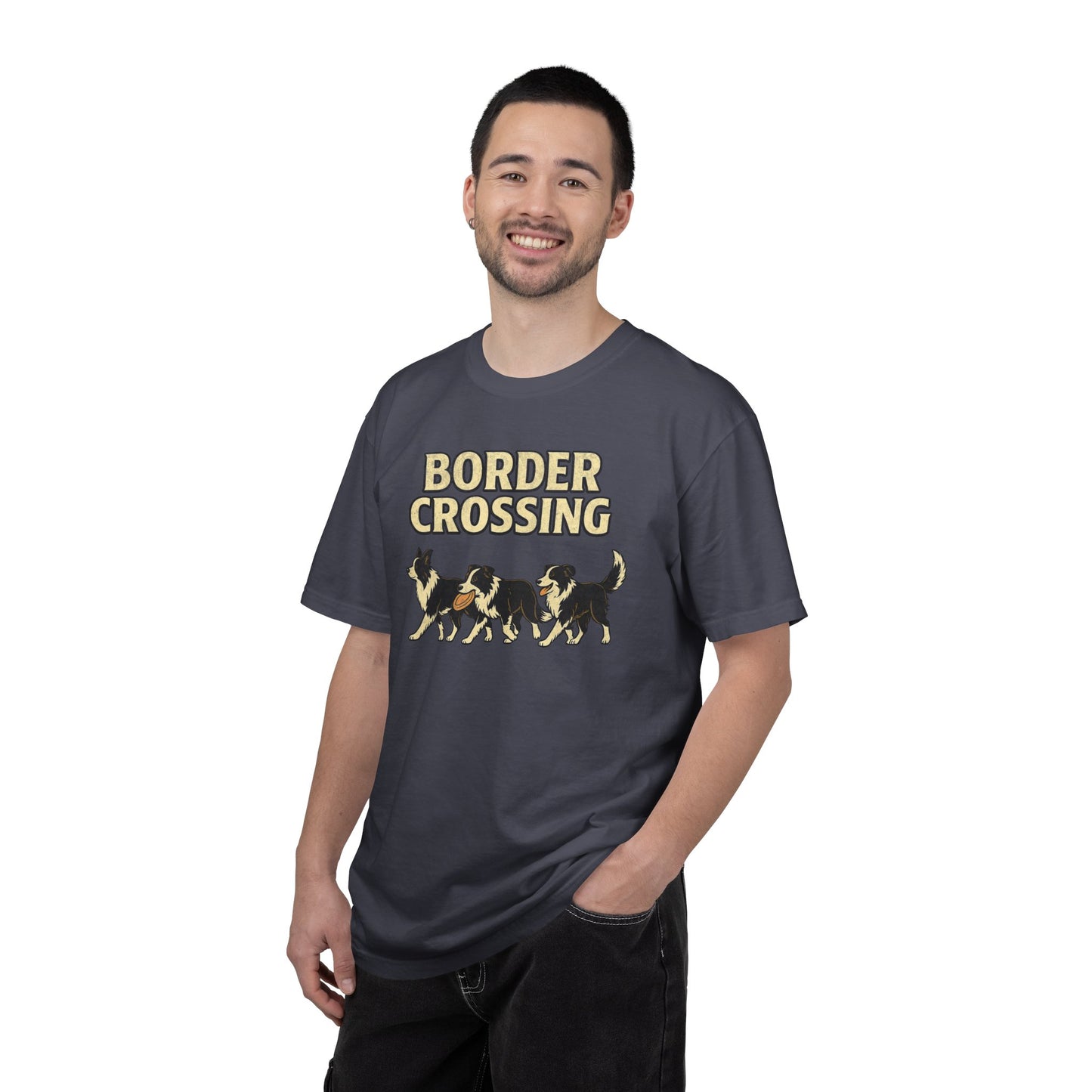 Vintage Graphic Border Collie 'Border Crossing' T-Shirt, Funny Gift for Border Collie and Dog Lovers