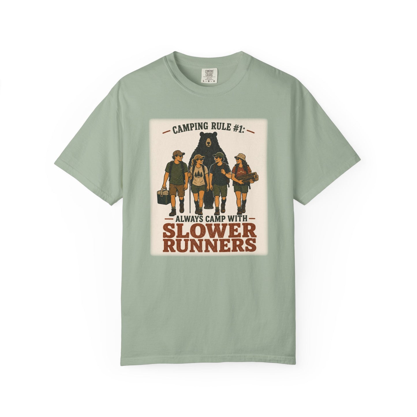 Camping Rule T-Shirt — “Always Camp with Slower Runners” Vintage Outdoor Tee