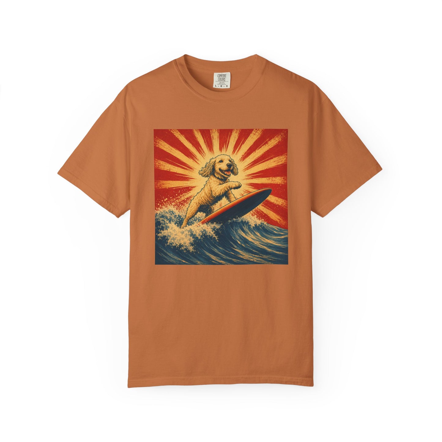 Retro Surfing Doodle Dog T-Shirt | Vintage Beach Dog Graphic Tee | Funny Coastal Summer Shirt