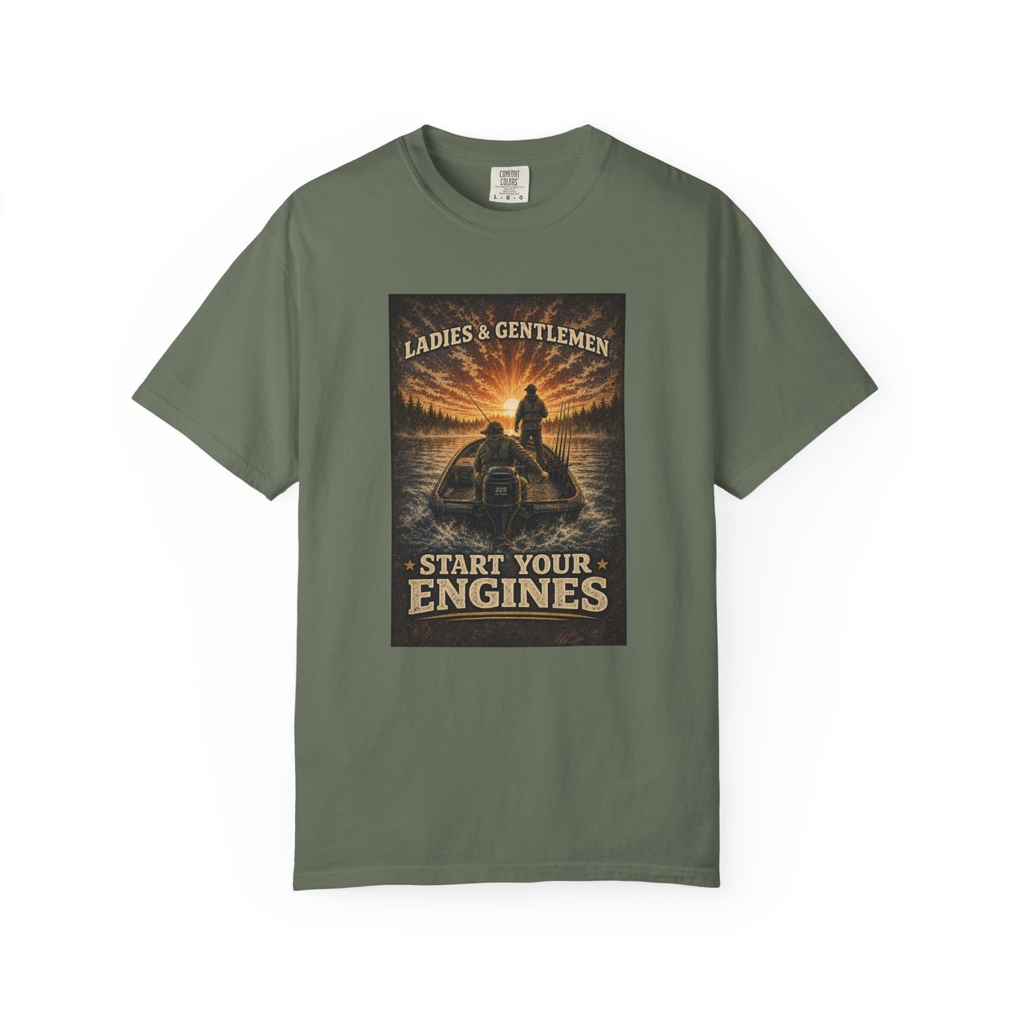 Fishing T-Shirt — "Ladies and Gentlemen, Start Your Engines" Retro Racing Boat Design